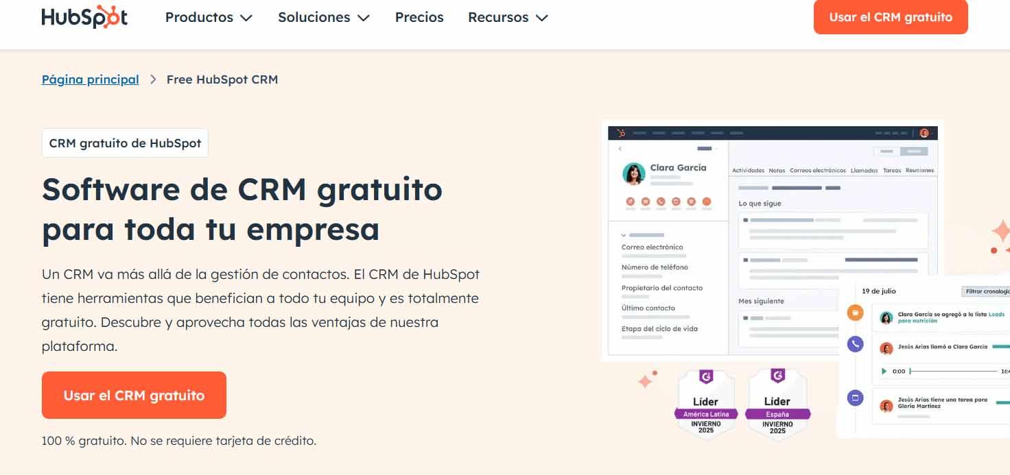 Captura de pantalla del home del sitio web de Hubspot