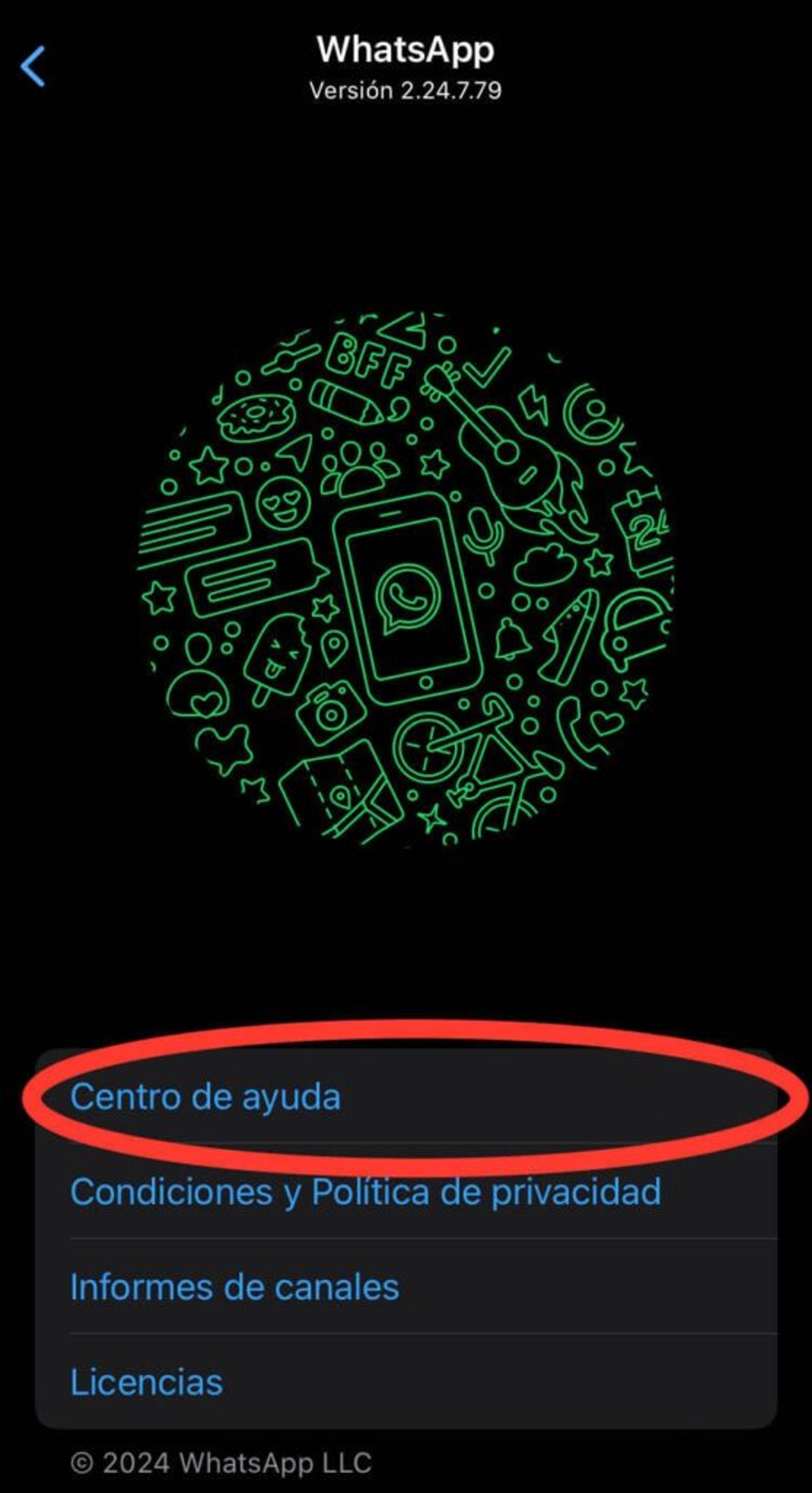 Sección de centro de ayuda de WhatsApp