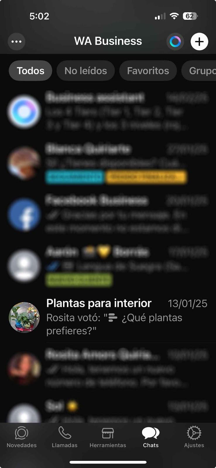 Lista de chats en WhatsApp Business donde aparece el grupo Plantas para interior con el último mensaje de una encuesta