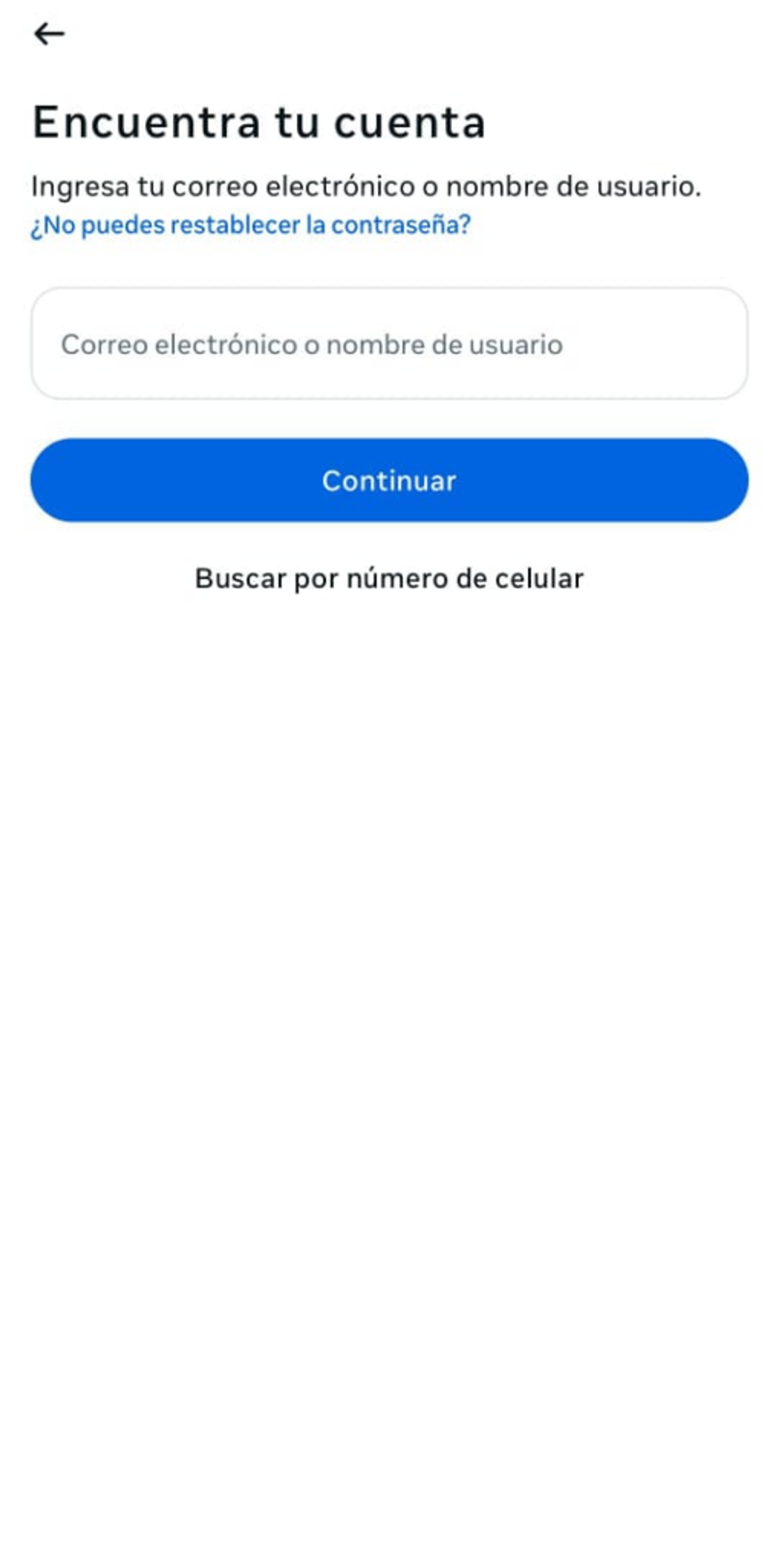 Pantalla de Instagram para cambiar contraseña de cuenta