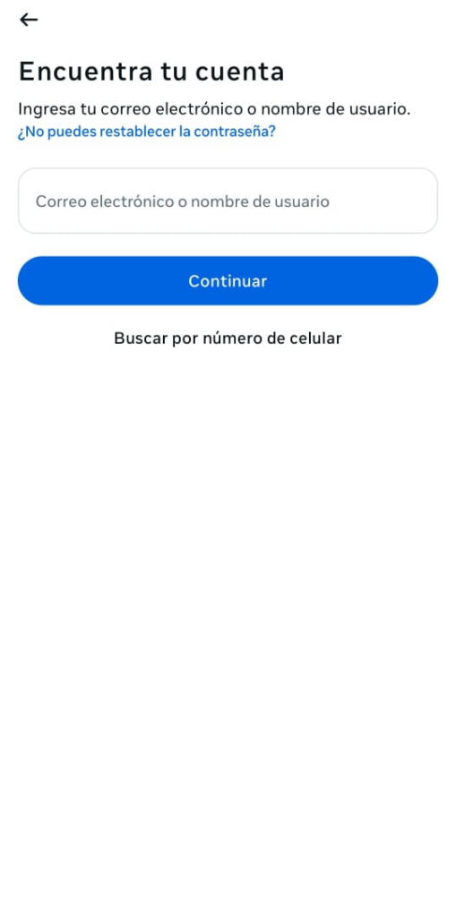 Pantalla de Instagram para cambiar contraseña de cuenta