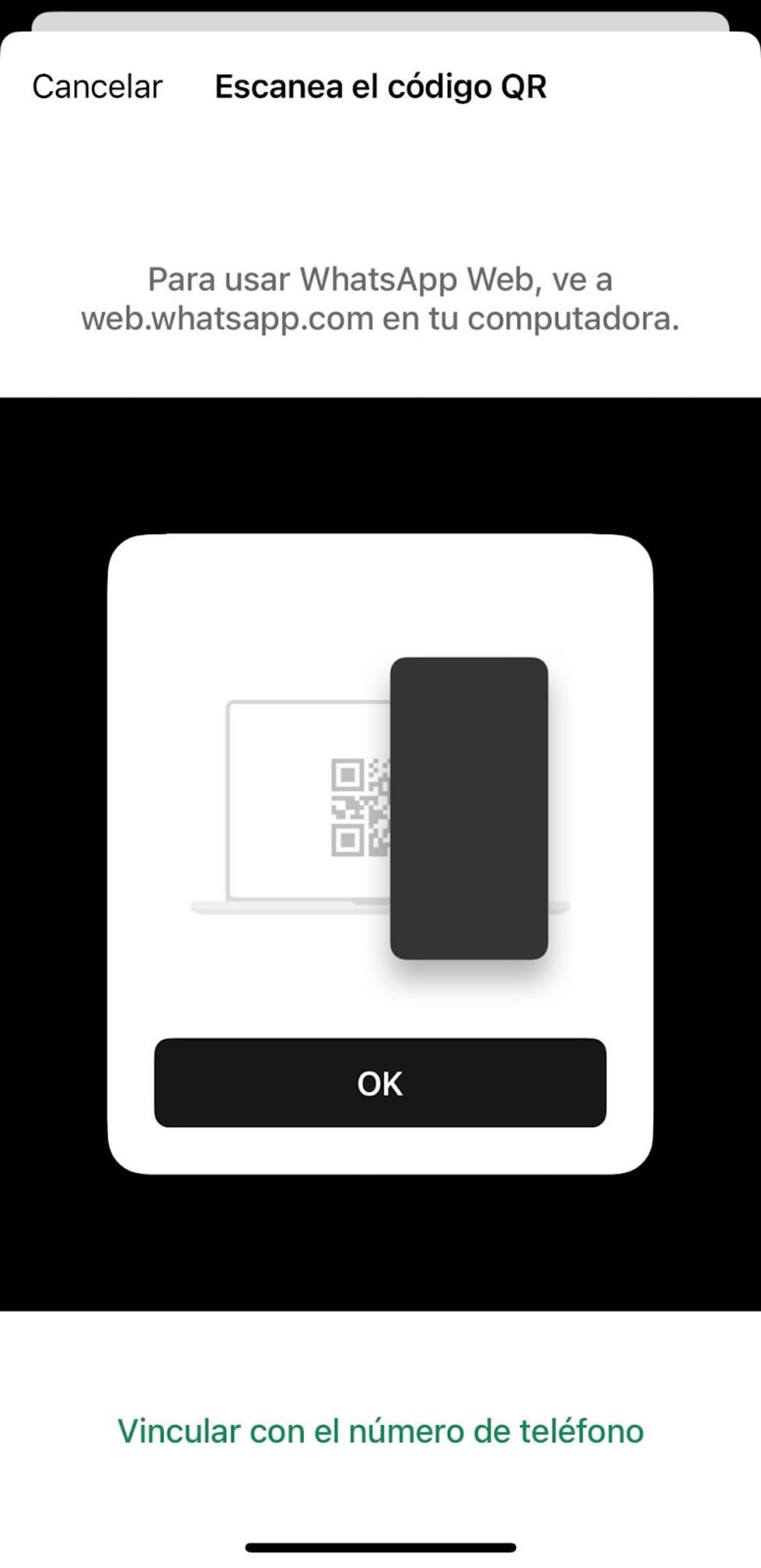 Pantalla de vinculación de dispositivos para tener WhatsApp Business en dos celulares