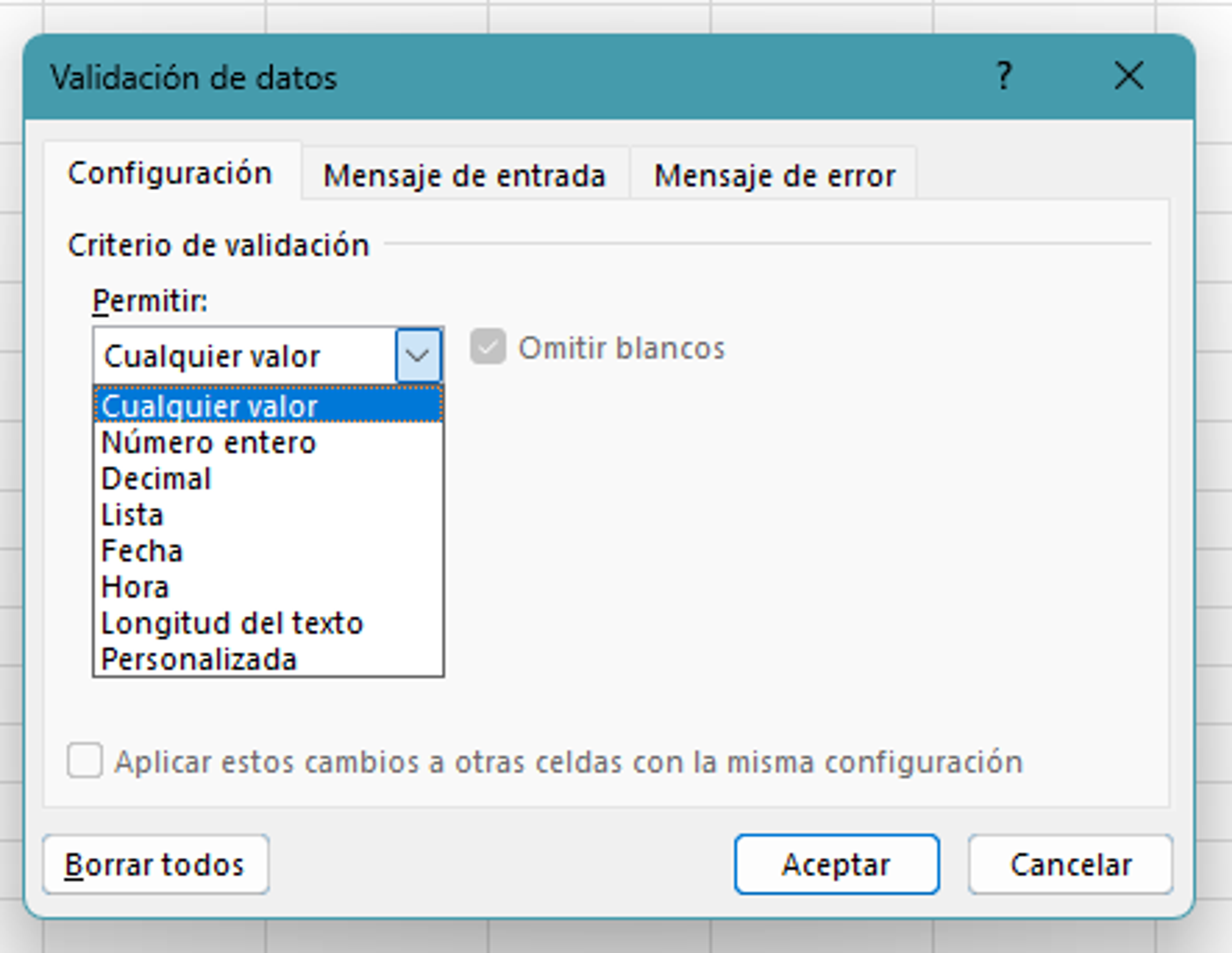 Configuración de validación de datos en Excel de control de ventas