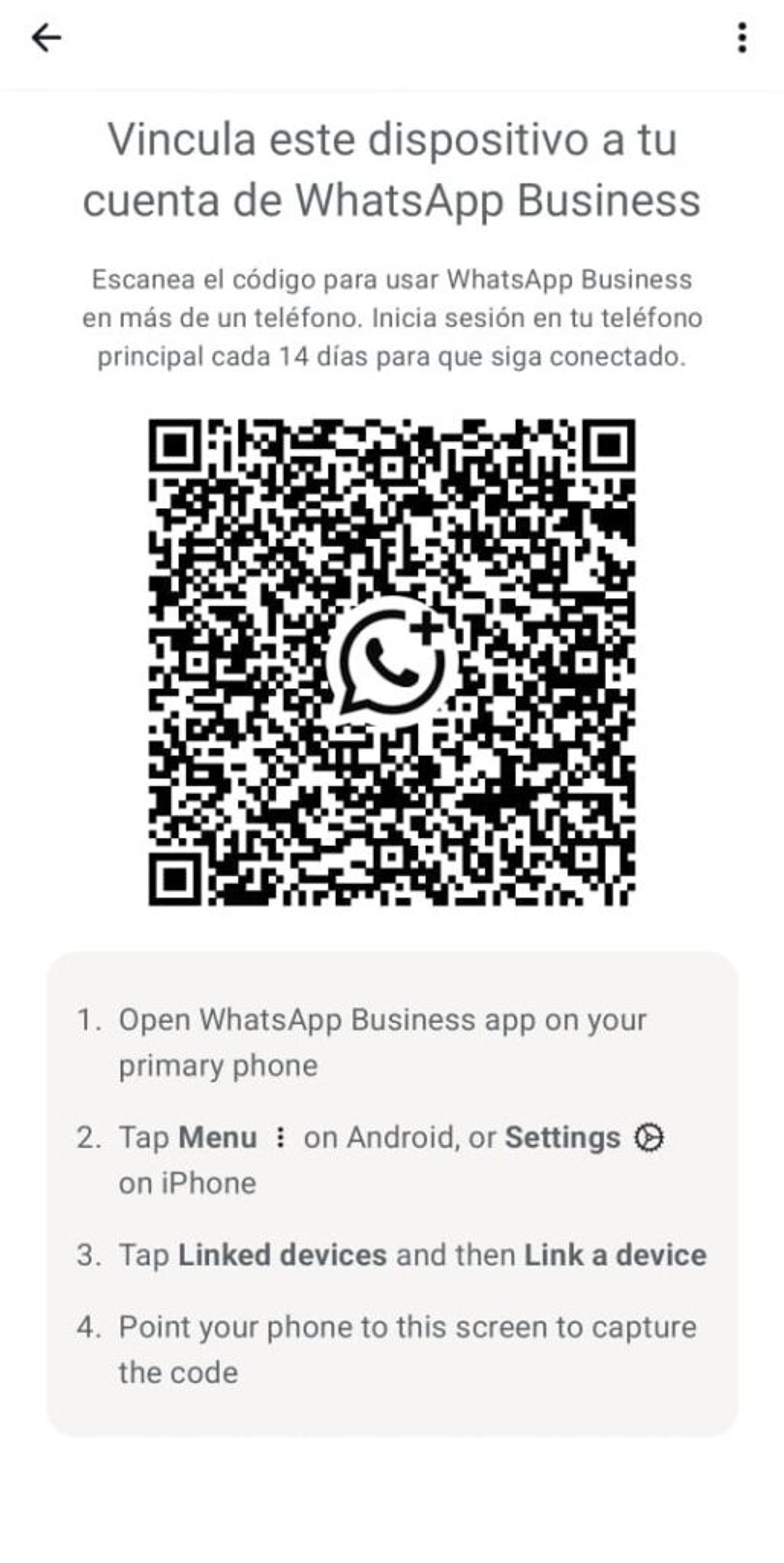 Pantalla de vinculación de dispositivos para tener WhatsApp Business en dos celulares