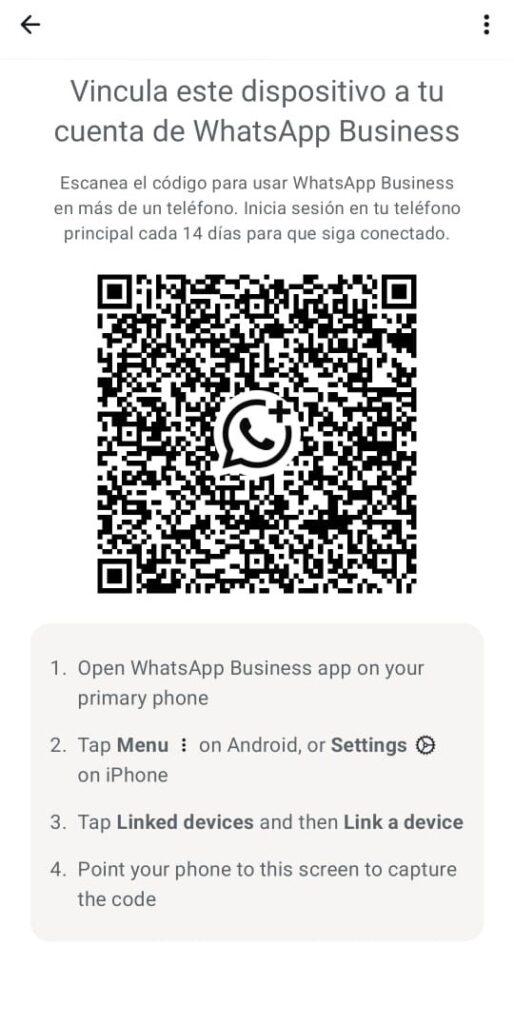 Pantalla de vinculación de dispositivos para tener WhatsApp Business en dos celulares