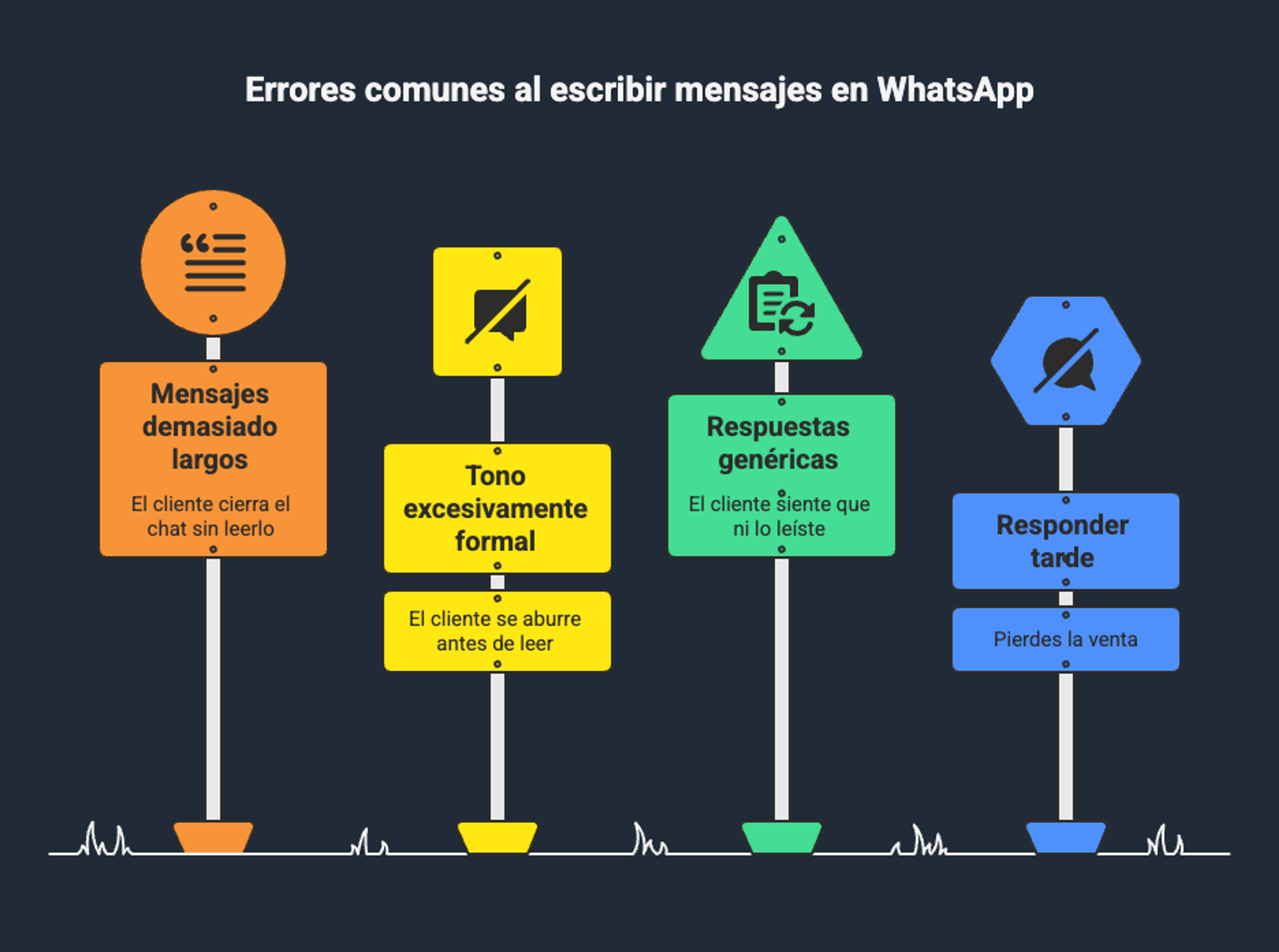 Diagrama que muestra cuatro errores al escribir por whatsapp a clientes: mensajes demasiado largos, tono excesivamente formal, respuestas genéricas y responder tarde.