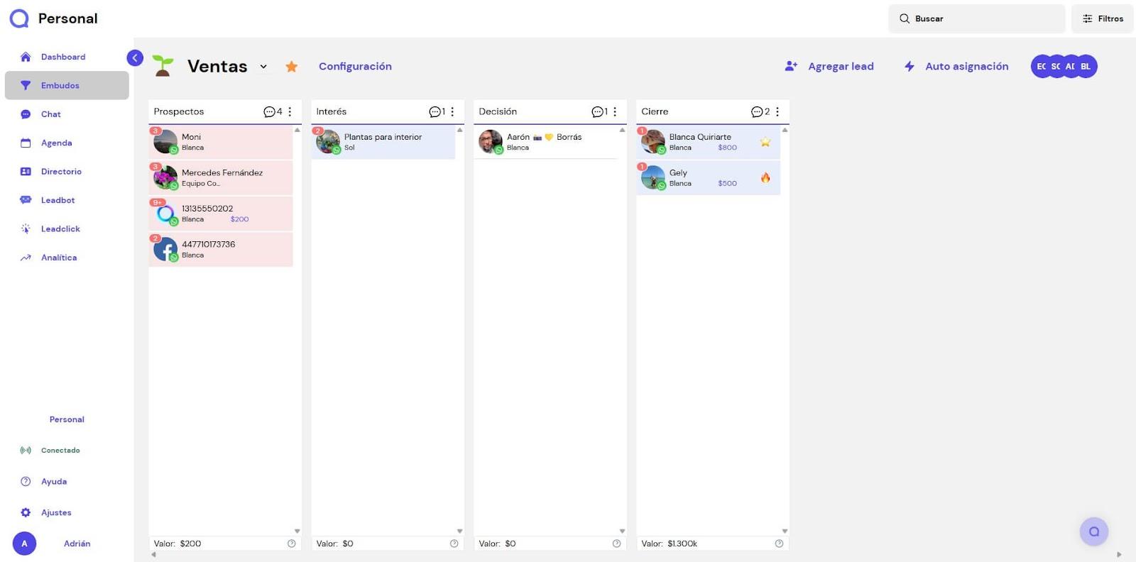Recorrido guiado por las funciones principales de Leadsales para organizar ventas desde canales de mensajería