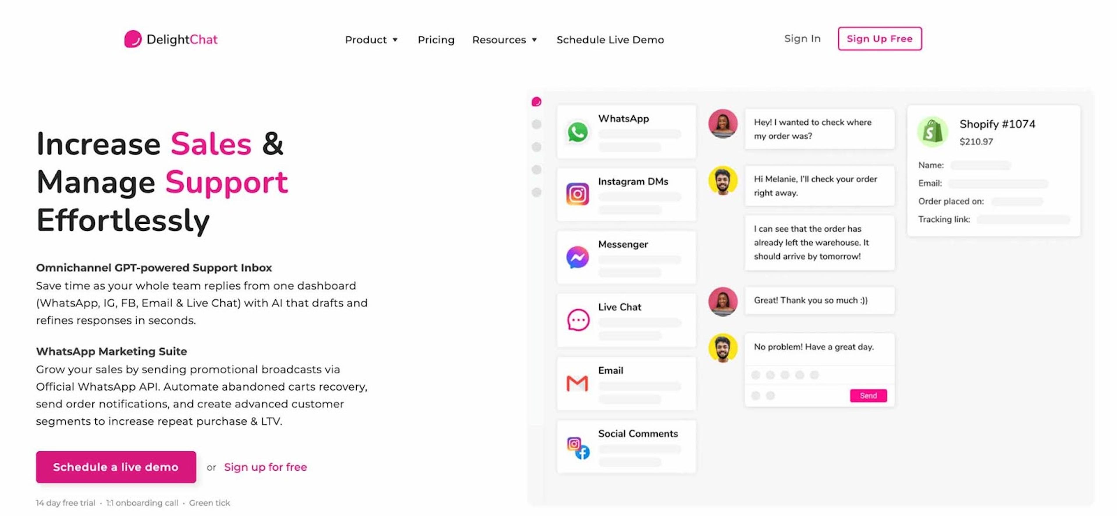 Captura de pantalla de la sección de inicio de la página web de DelightChat