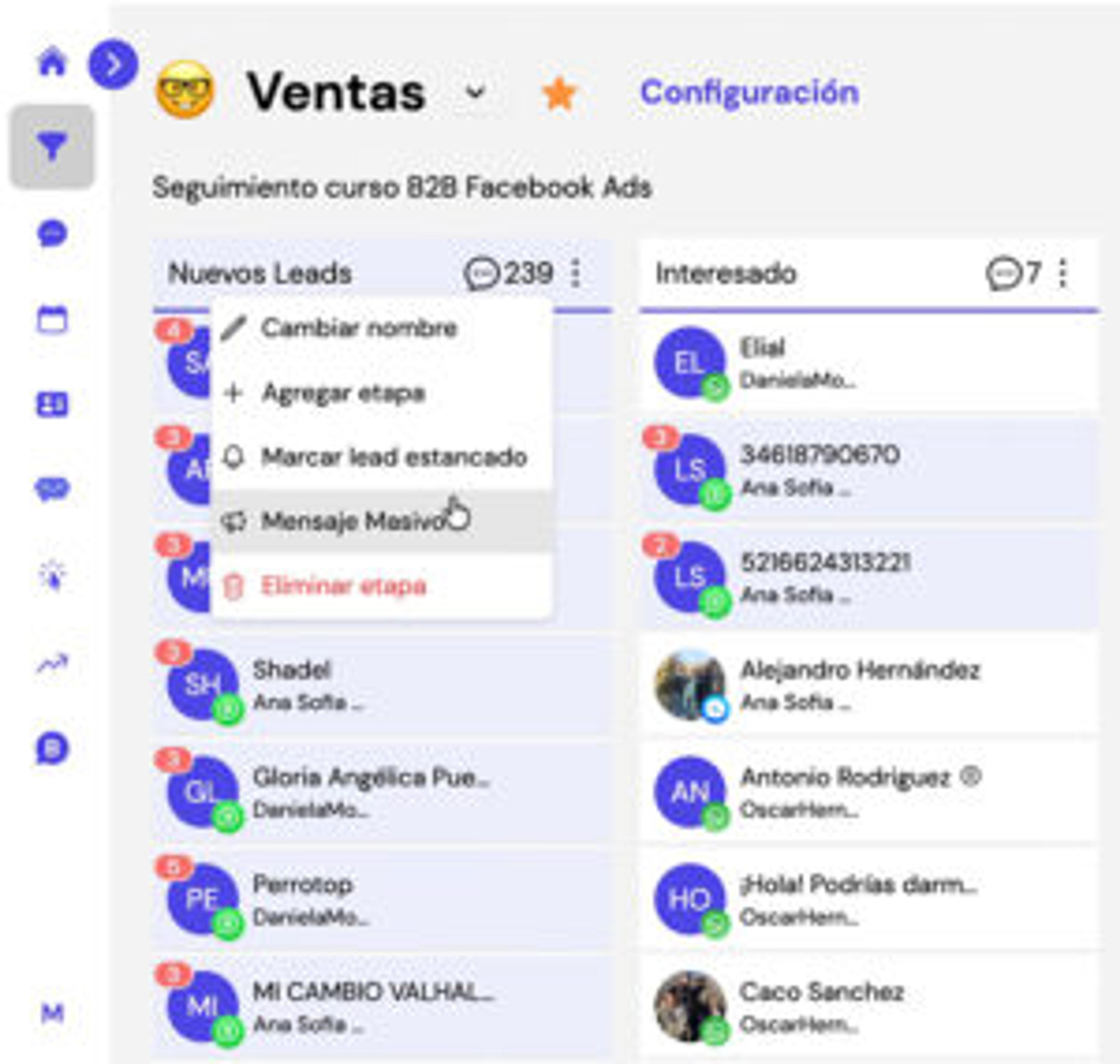 Captura de pantalla del panel principal de Leadsales que muestra el paso 5 para mandar mil mensajes por WhatsApp: usar embudos para filtrar contactos