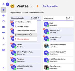 Captura de pantalla del panel principal de Leadsales que muestra el paso 5 para mandar mil mensajes por WhatsApp: usar embudos para filtrar contactos