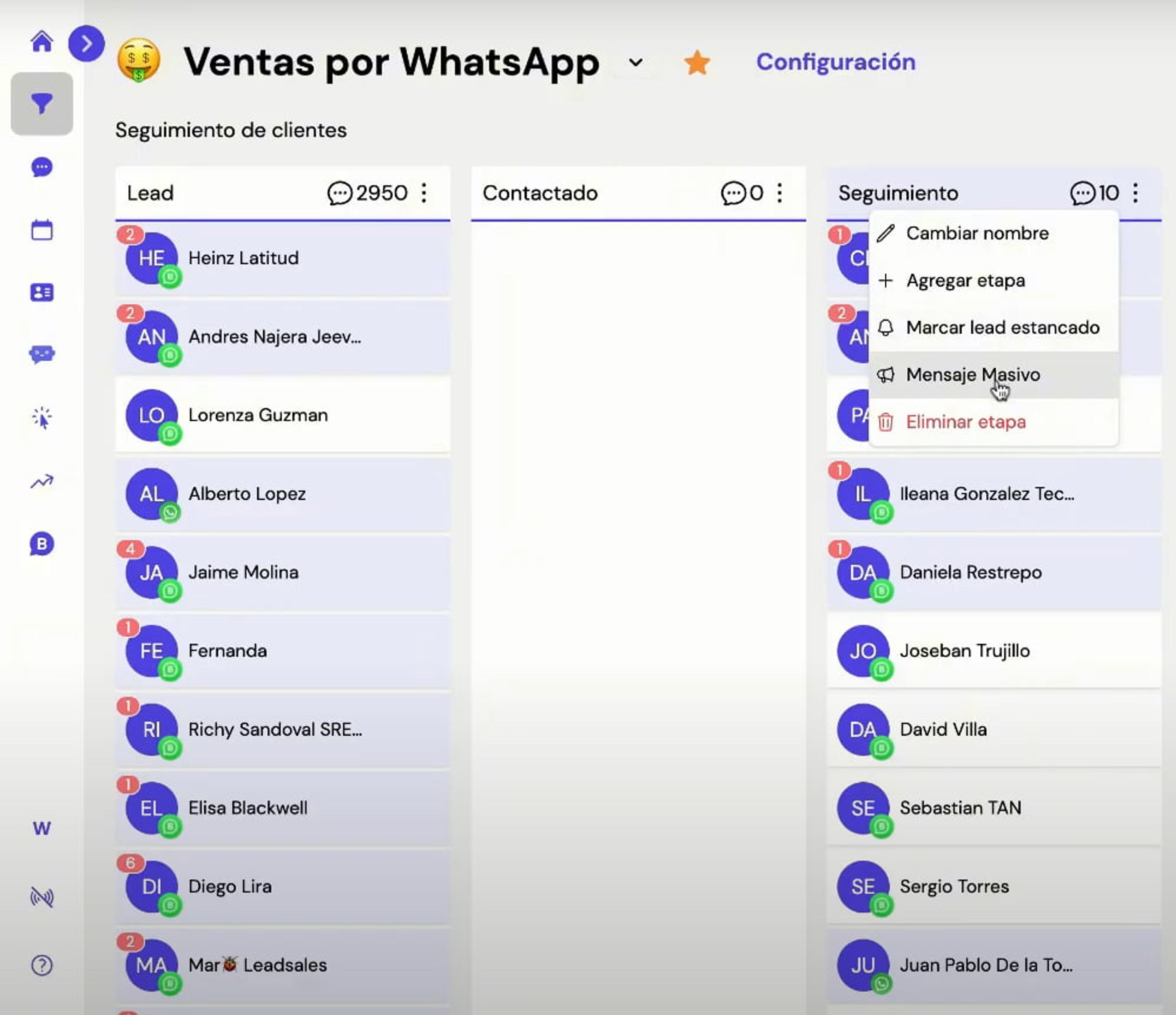 Selección de opción “mensaje masivo” para enviar mensajes masivos desde Leadsales