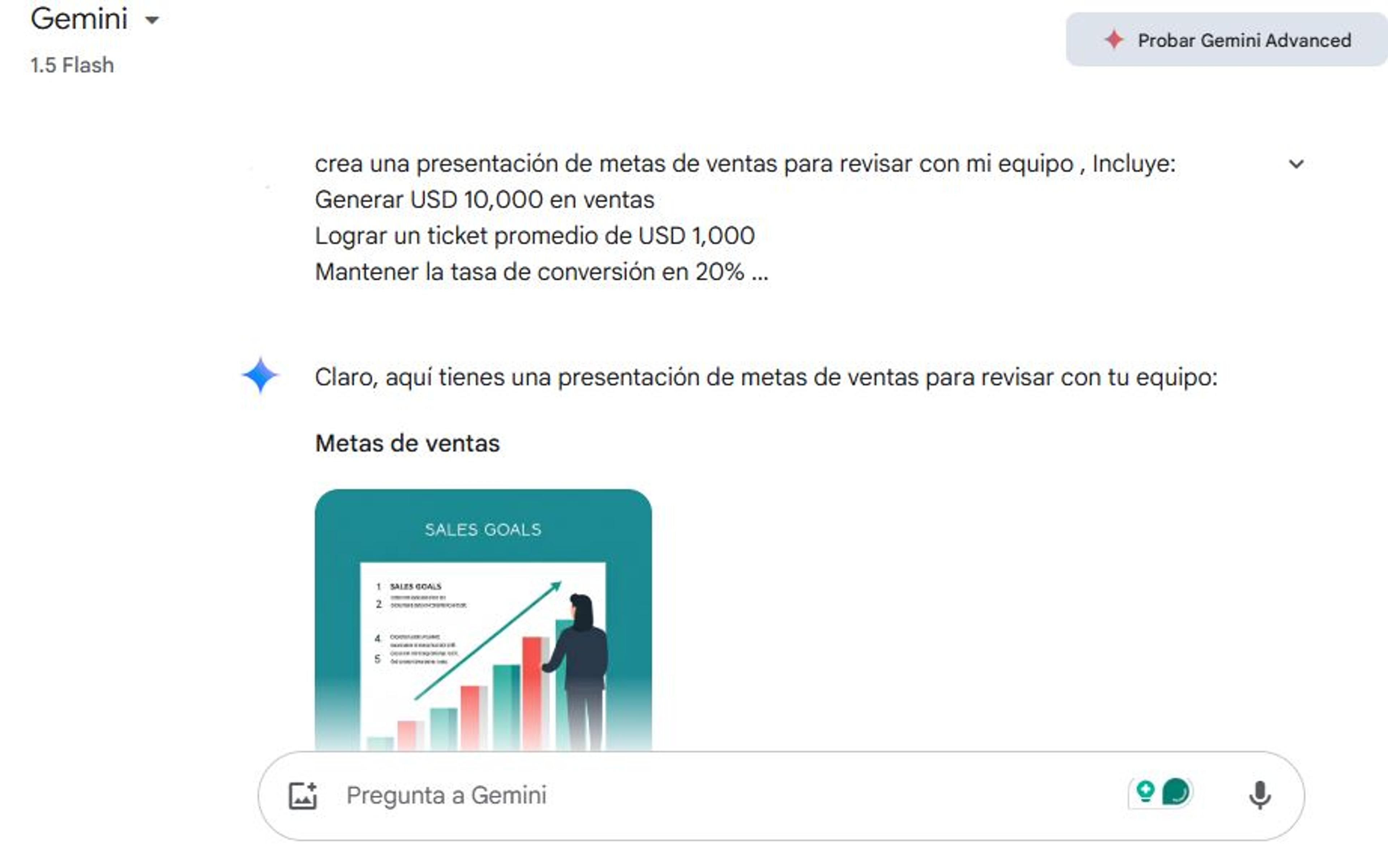 Pantalla de Google Gemini mostrando respuesta a un prompt sobre presentación de ventas