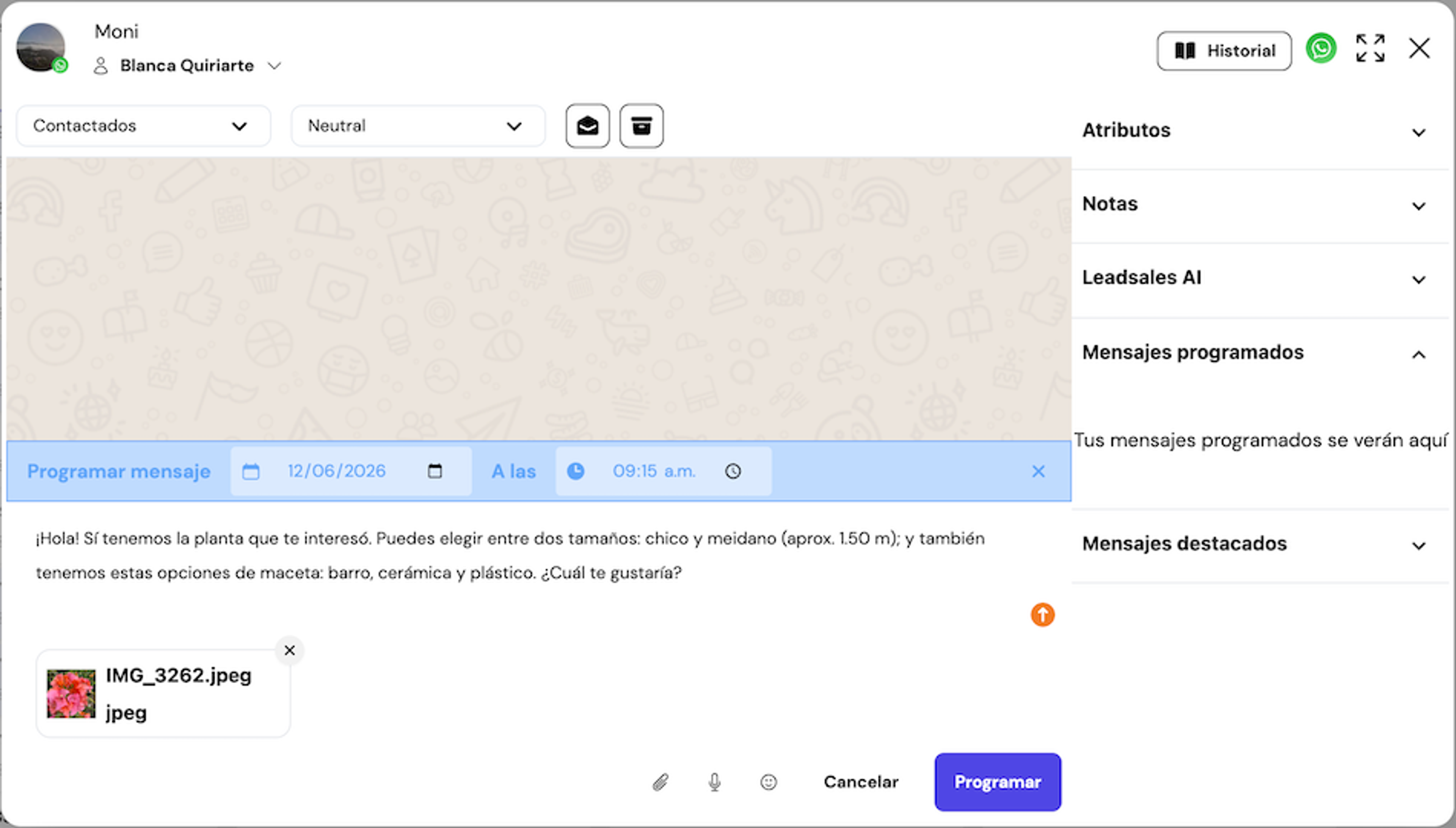 Cuadro de redacción de Leadsales con un mensaje personalizado y una imagen adjunta, la fecha y hora de envío programadas (12/06/2026, 9:15 a.m.) en la parte superior, y el botón 'Programar' activo para confirmar.