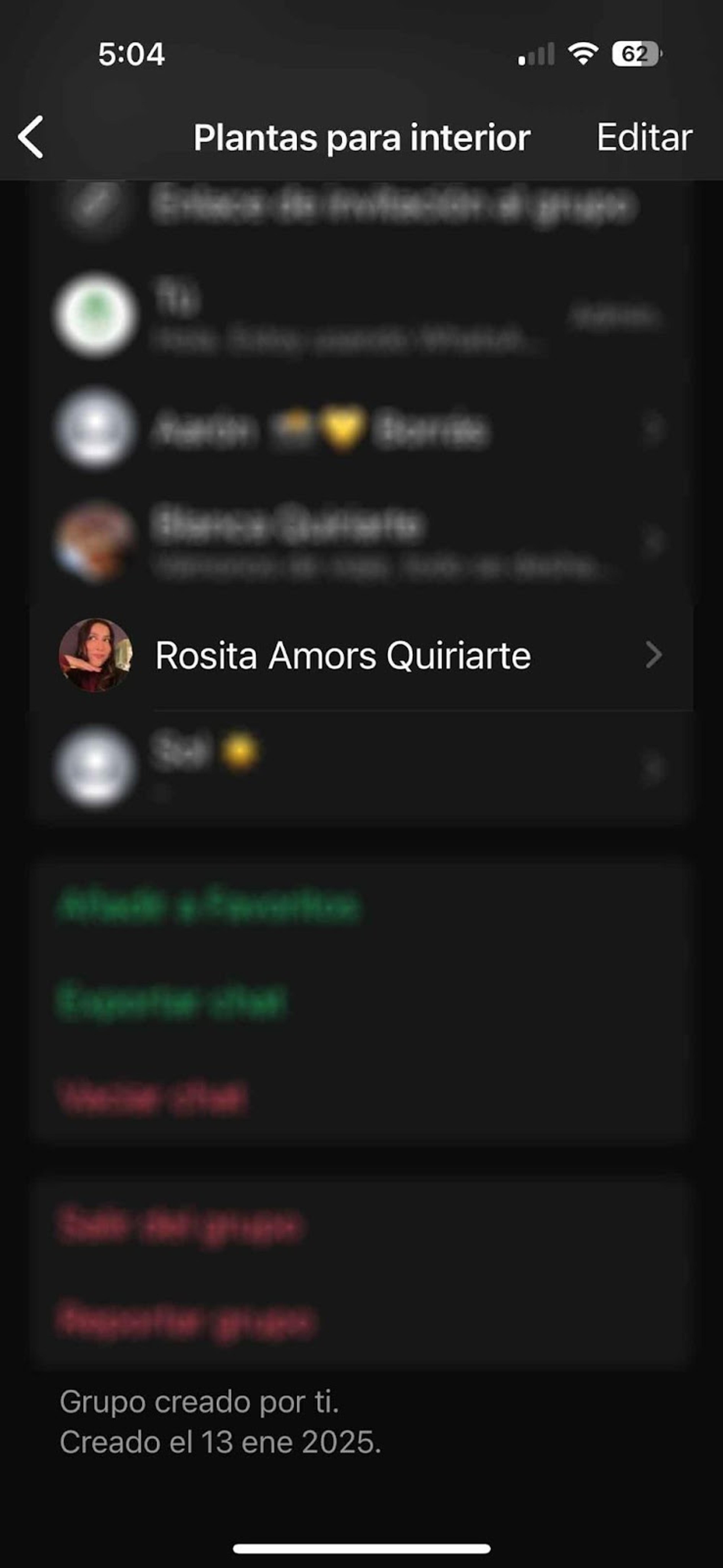 Pantalla de información del grupo Plantas para interior en WhatsApp mostrando la lista de miembros y las opciones Salir del grupo y Reportar grupo al final