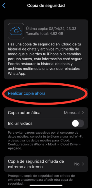 Pantalla de copia de seguridad en WhatsApp desde iOS