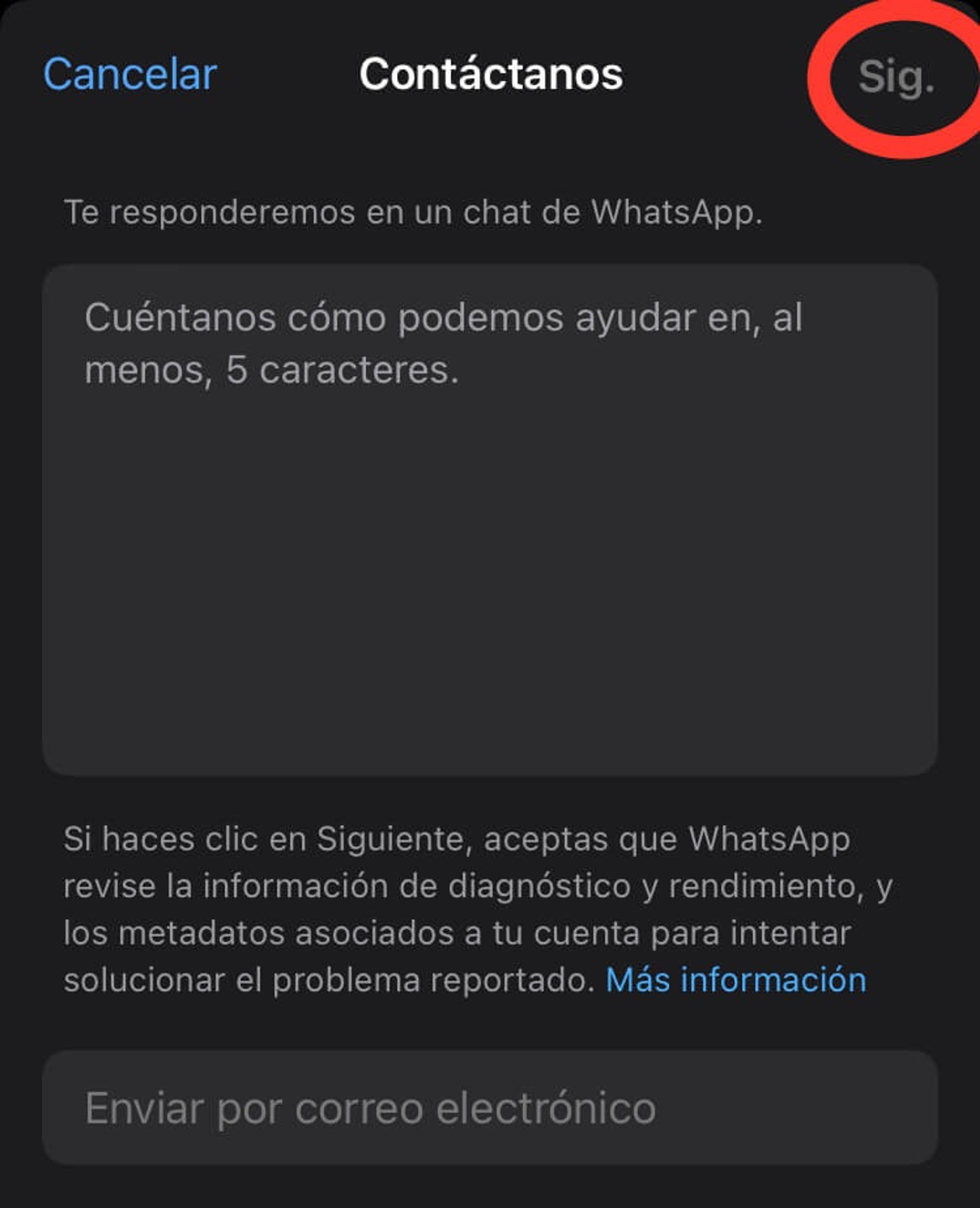 Pantalla para mensaje para WhatsApp