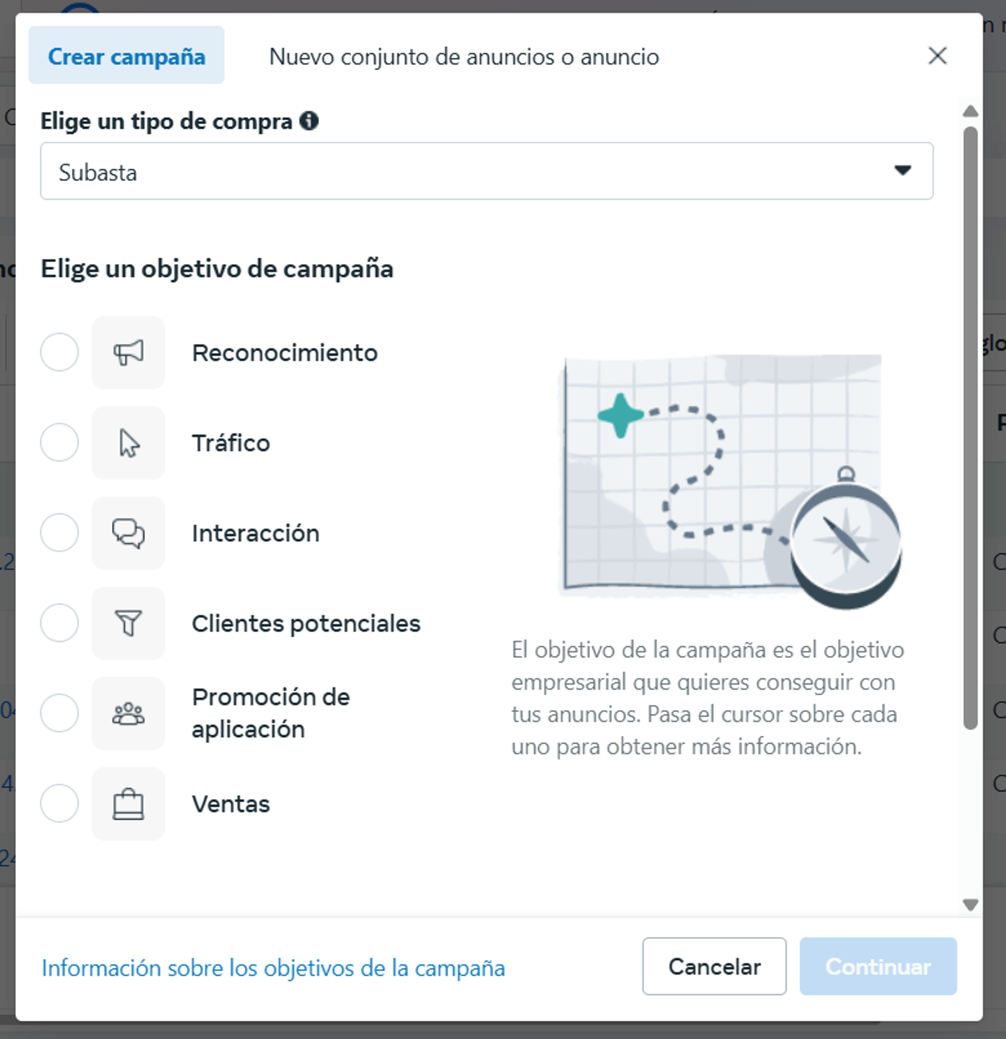 Pantalla para crear campaña en administrador de anuncios de Meta