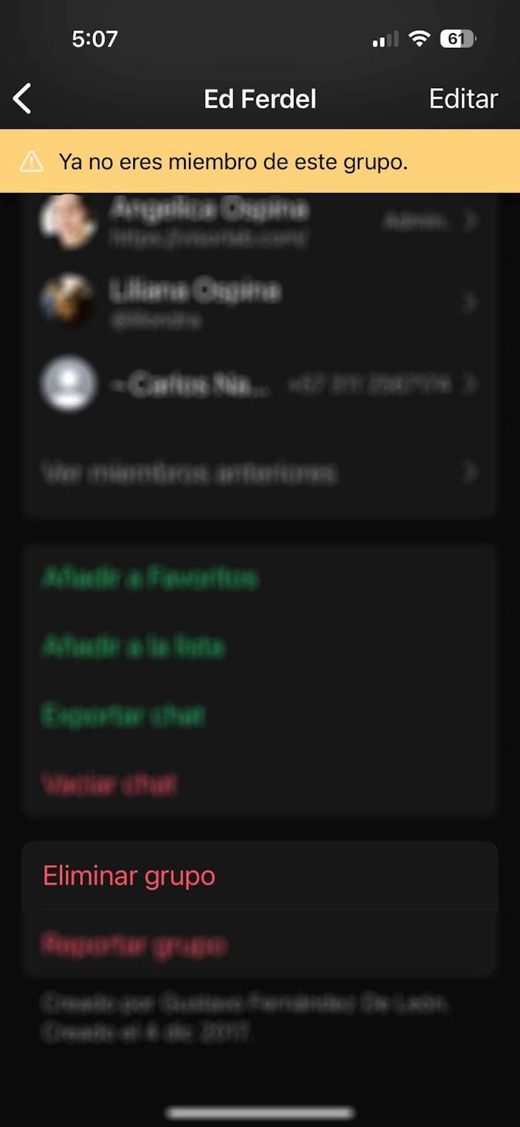 Pantalla de información del grupo Ed Ferdel en WhatsApp con el aviso Ya no eres miembro de este grupo y la opción Eliminar grupo en rojo al final