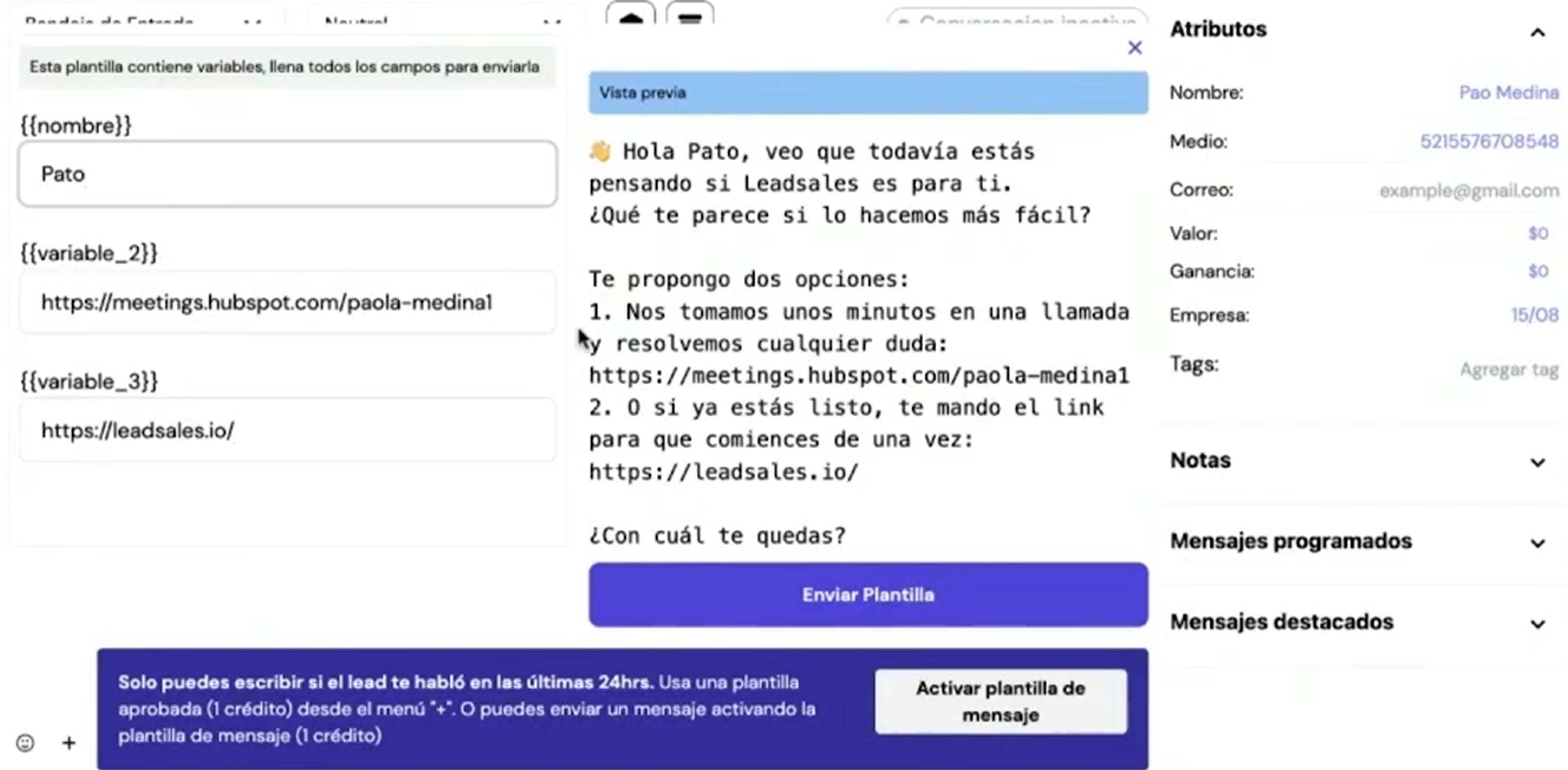 Pantalla para enviar plantilla de WhatsApp Business API creada a revisión desde Leadsales