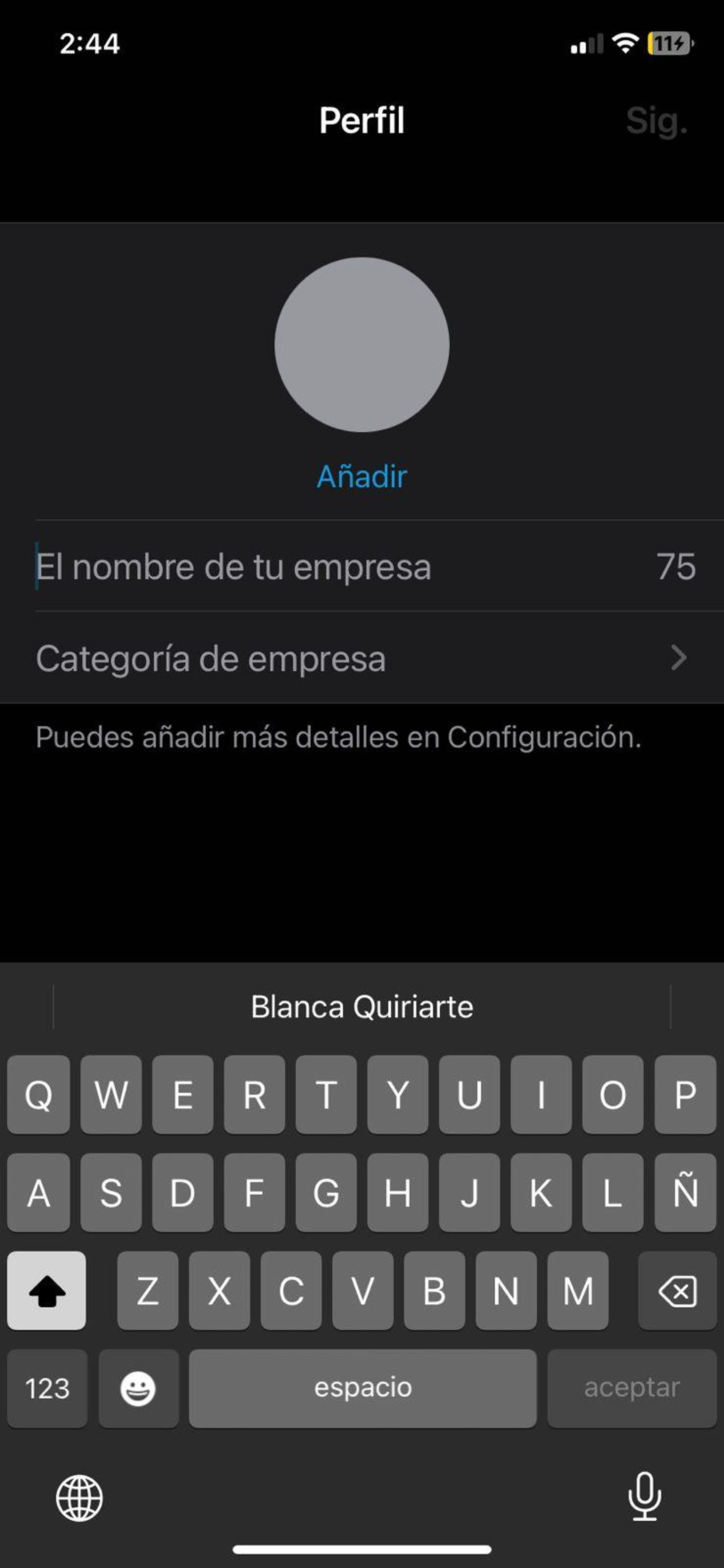 Pantalla para editar perfil de la empresa
