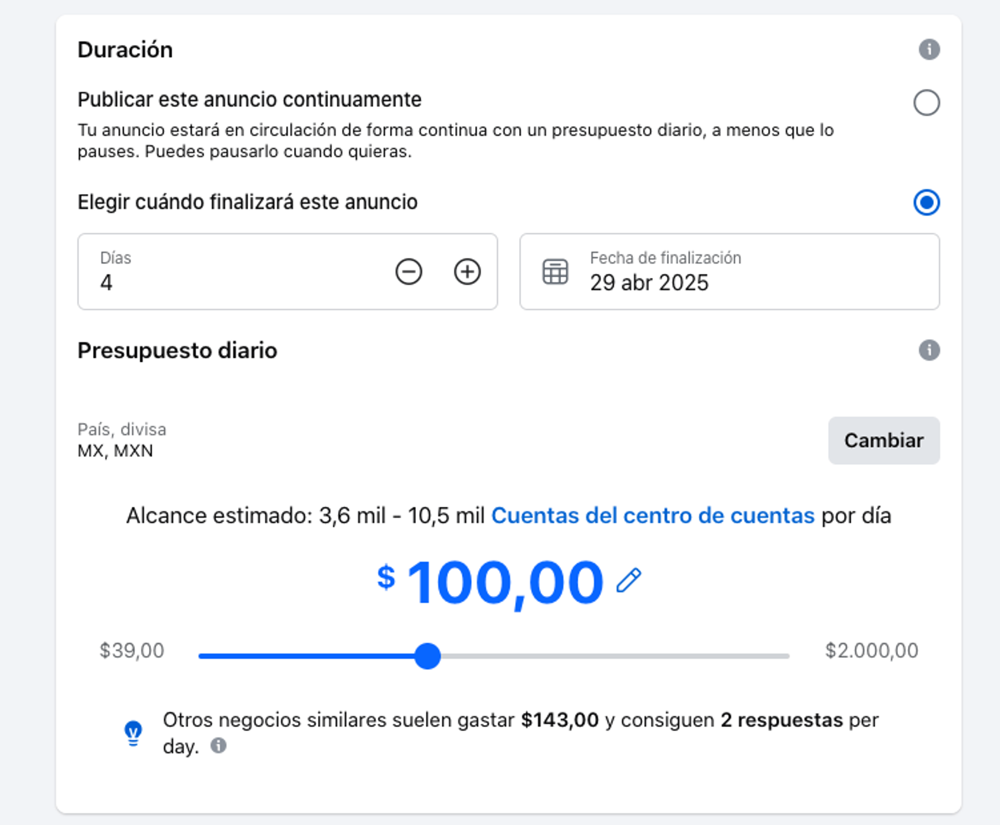 Captura de pantalla del séptimo paso para configurar un anuncio con CTA a WhatsApp: define duración y presupuesto