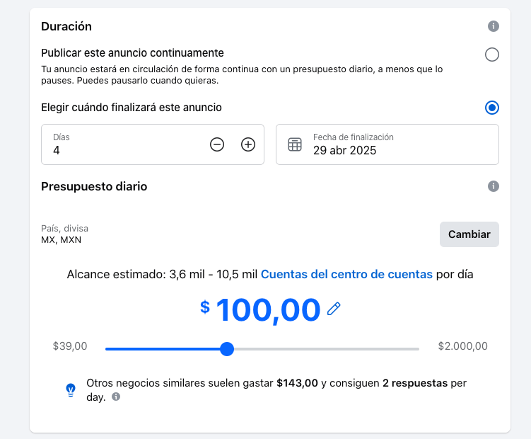 Captura de pantalla del séptimo paso para configurar un anuncio con CTA a WhatsApp: define duración y presupuesto