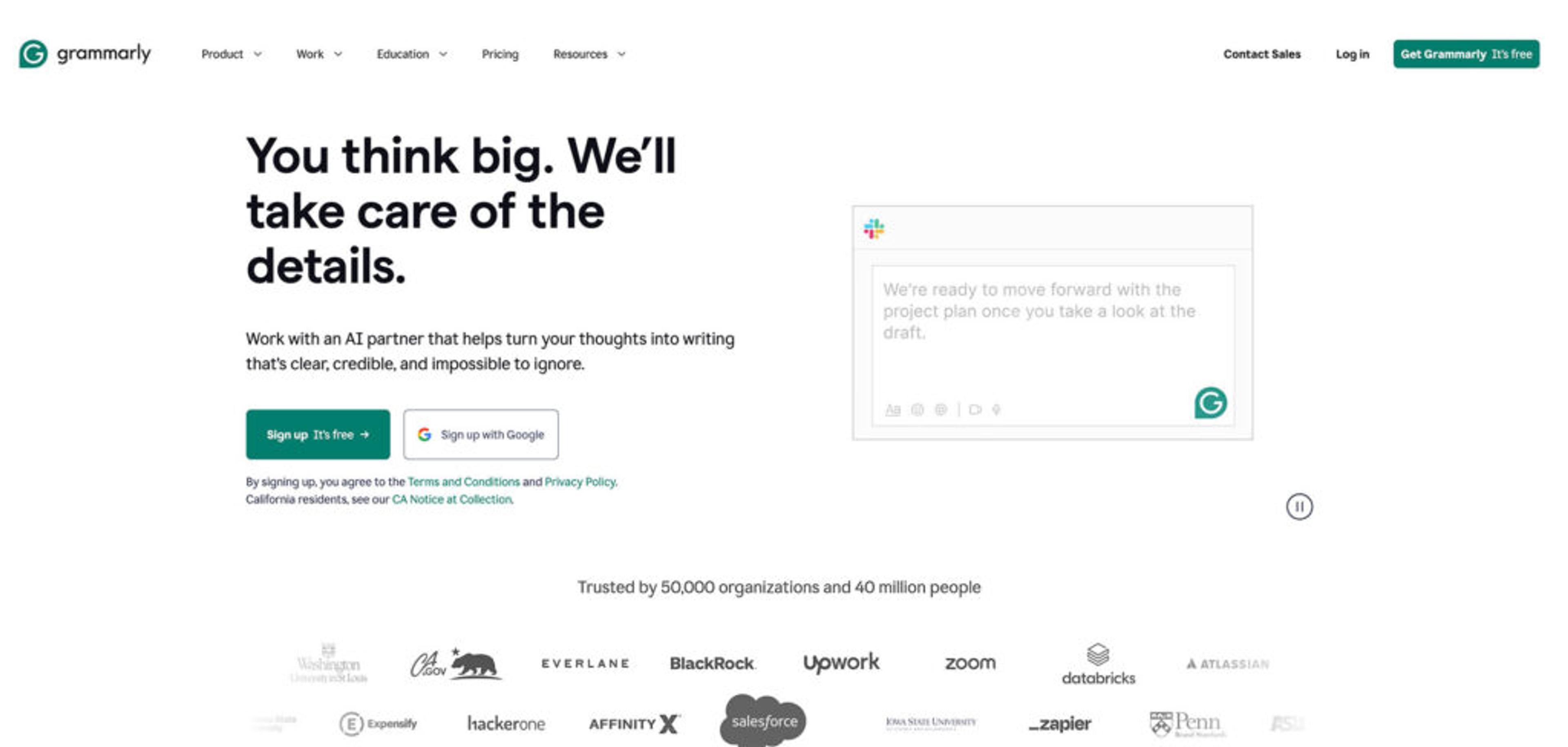 captura de pantalla del homepage de Grammarly