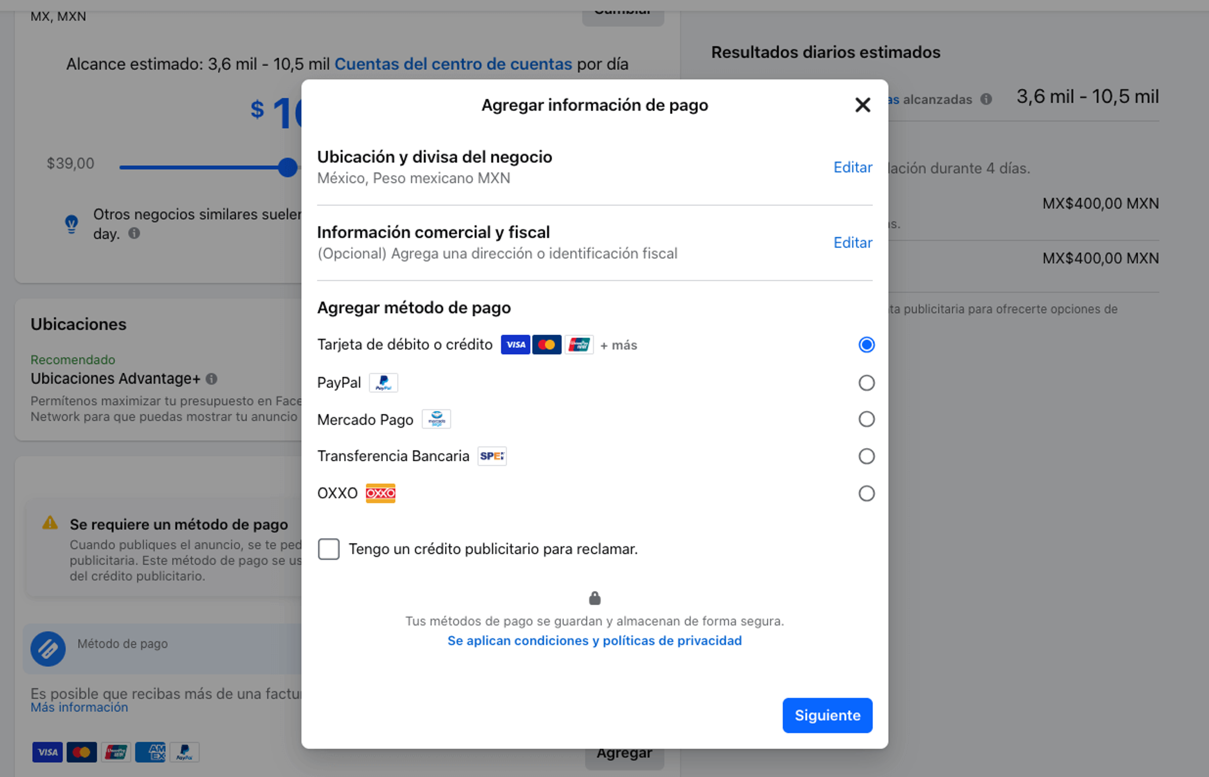 Captura de pantalla del octavo paso para configurar un anuncio con CTA a WhatsApp: elige método de pago