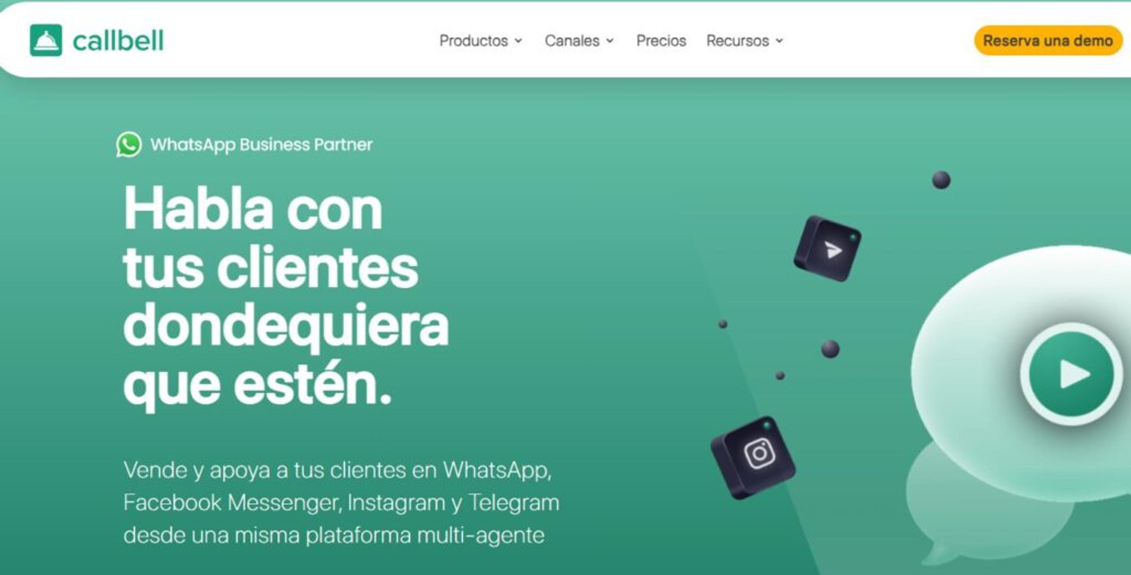 Página principal de Callbell con plataforma multicanal para atención por WhatsApp, Instagram y Messenger