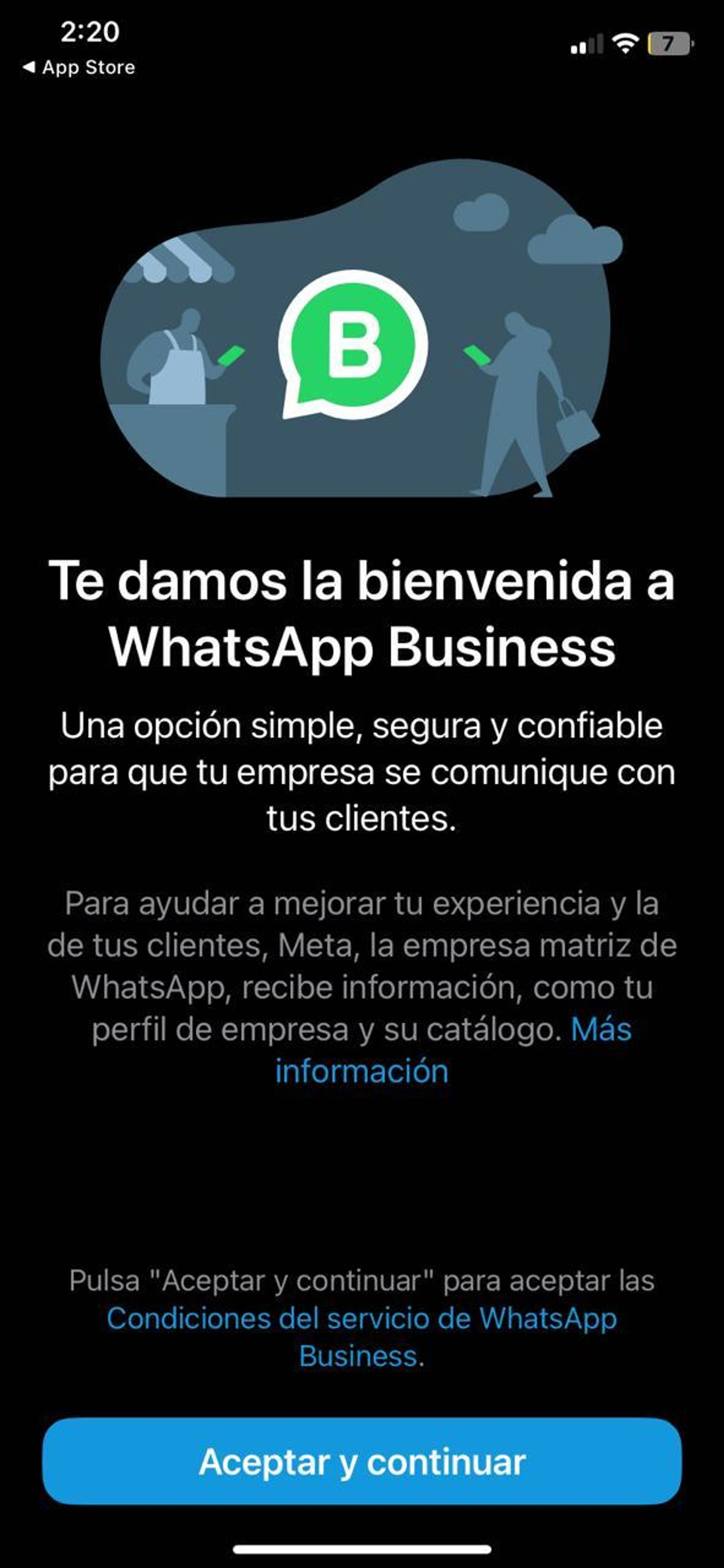 Pantalla de bienvenida a WhatsApp Business