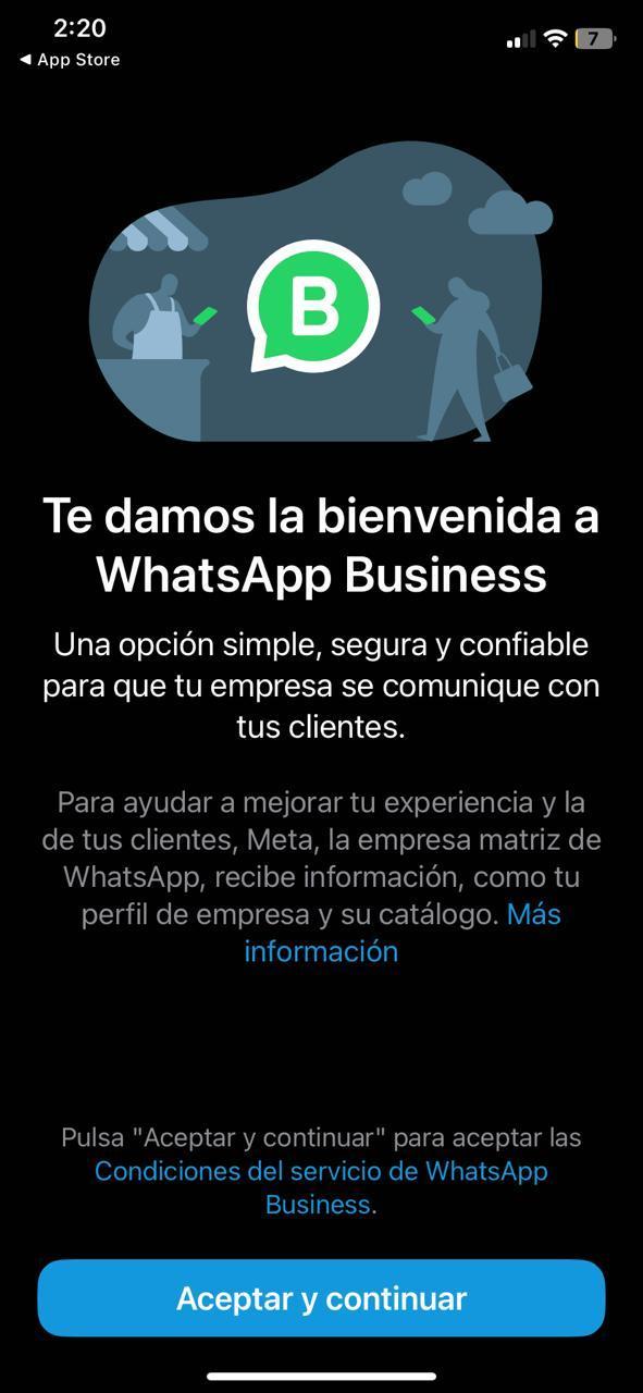 Pantalla de bienvenida a WhatsApp Business