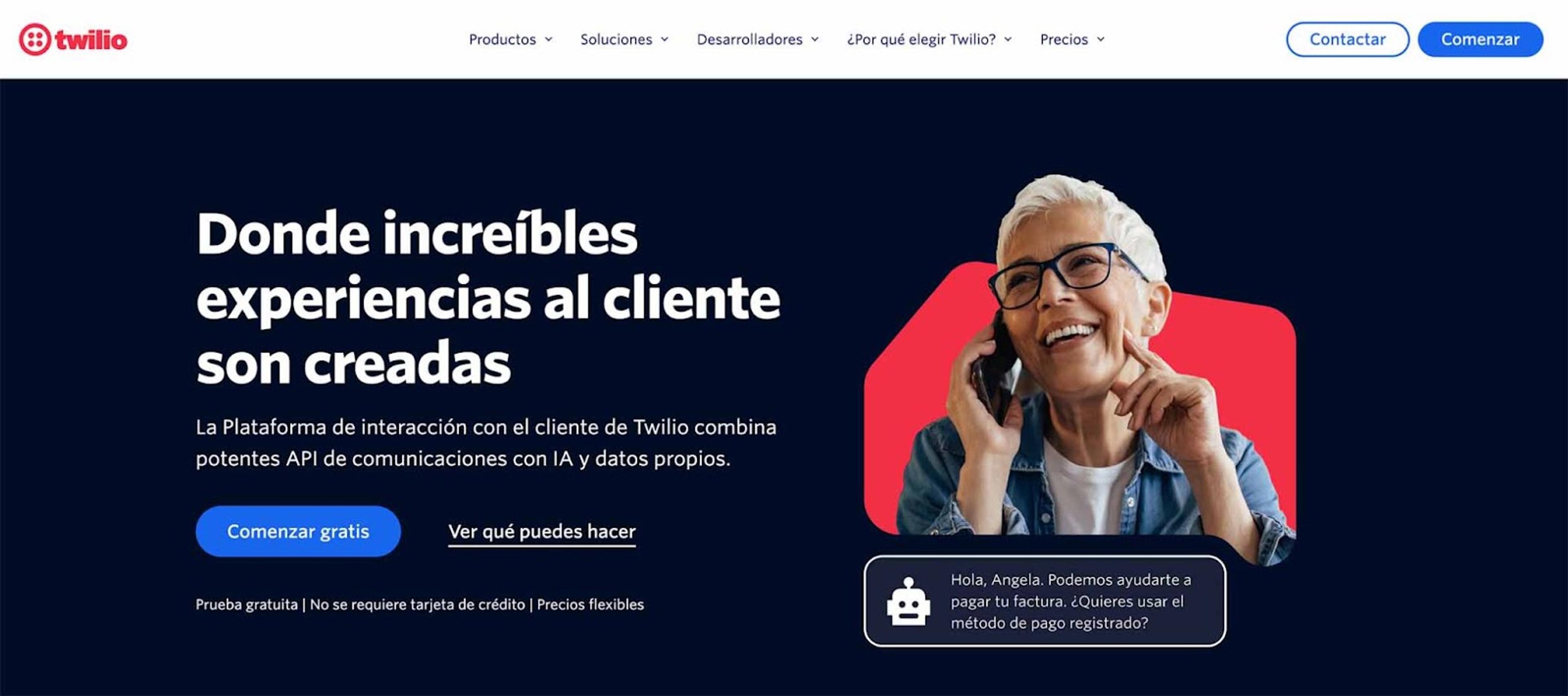 Captura de pantalla de la sección de inicio de la página web de Twilio