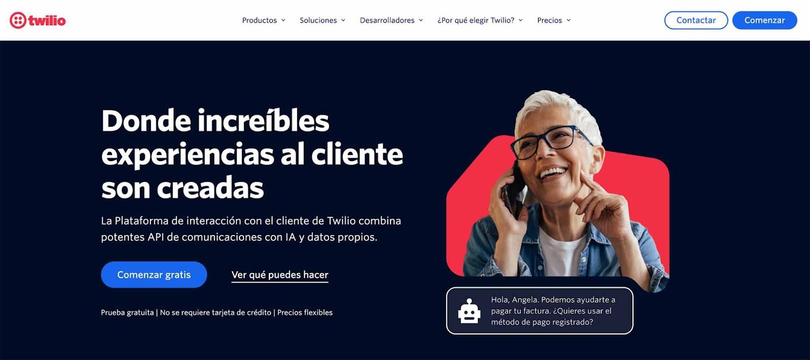 Captura de pantalla de la sección de inicio de la página web de Twilio