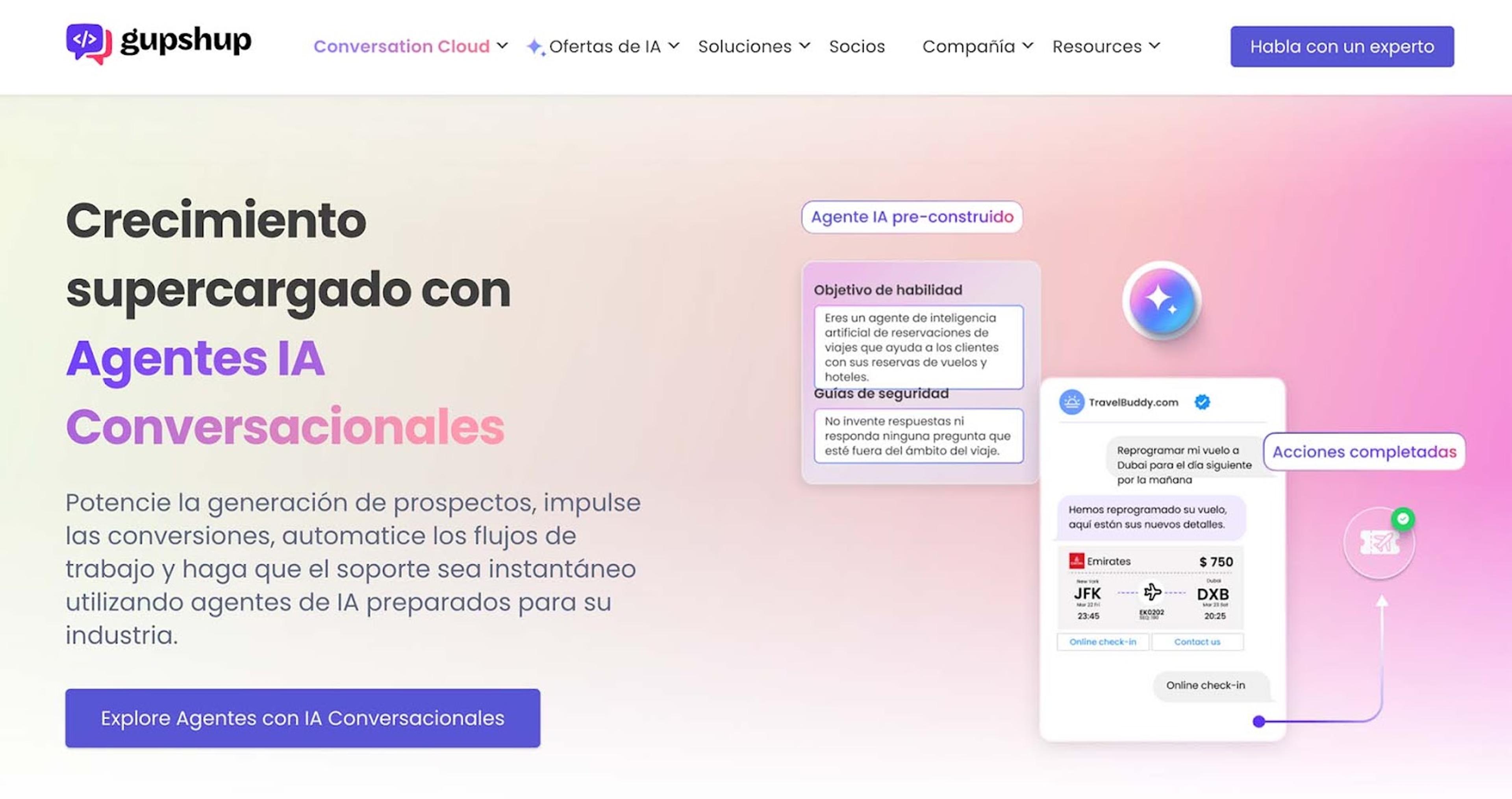 Captura de pantalla de la sección de inicio de la página web de Gupshup