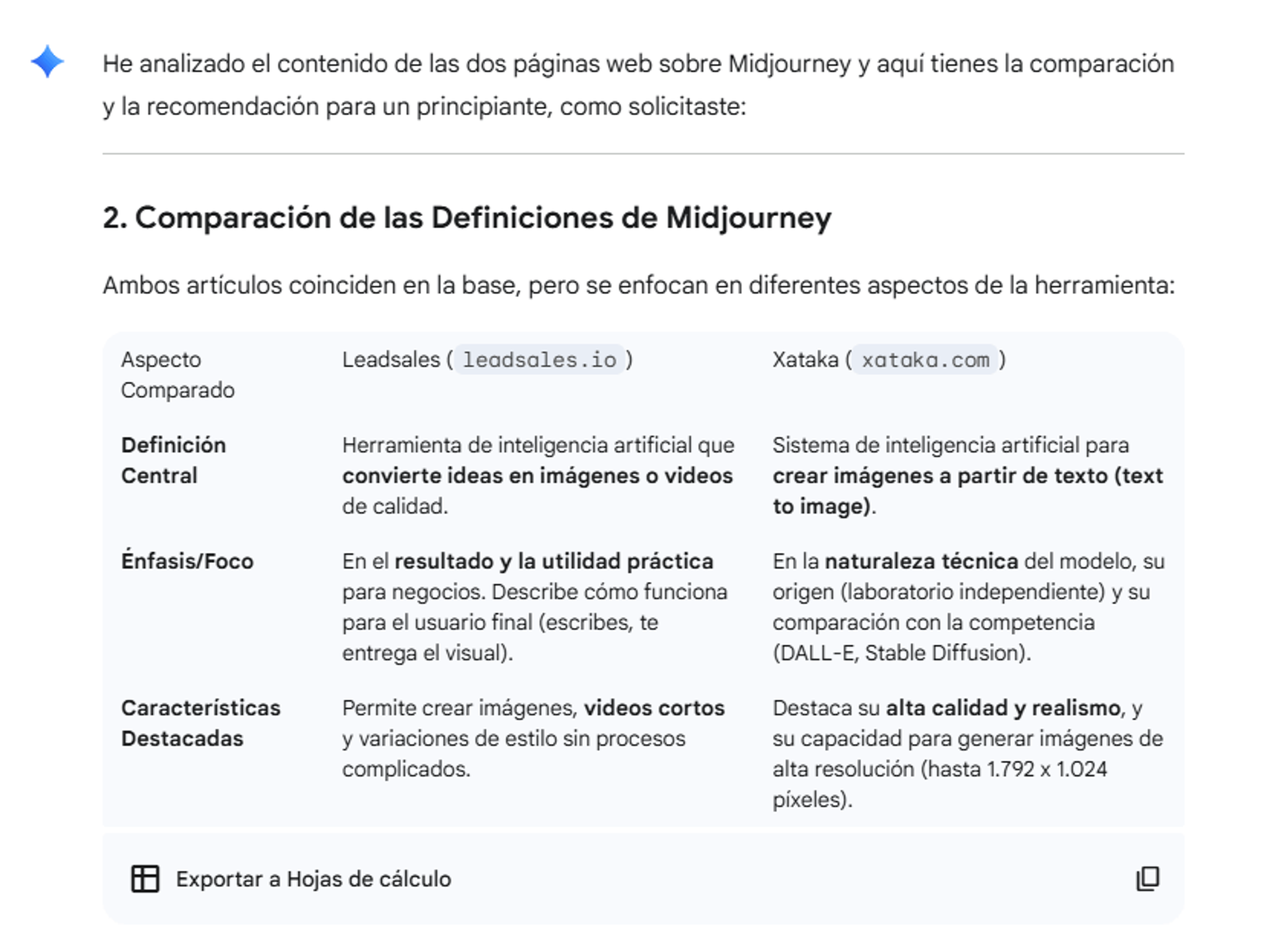 Pantalla de Google Gemini mostrando respuesta a un prompt sobre análisis de competencia