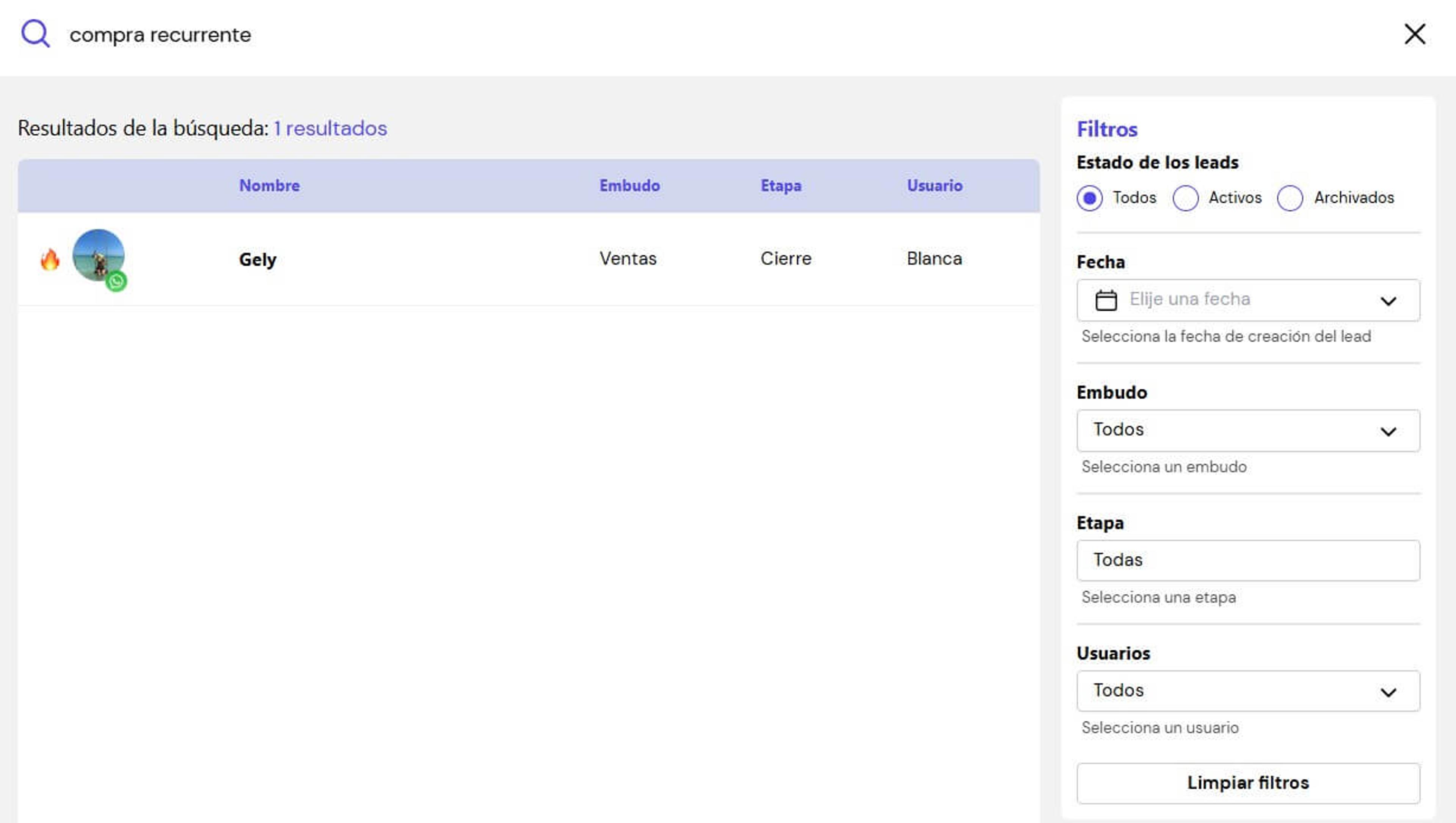 Búsqueda de etiquetas en Leadsales CRM