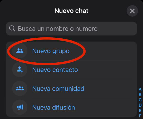 Menú de nuevo chat en WhatsApp con la opción Nuevo grupo para crear un grupo de ventas