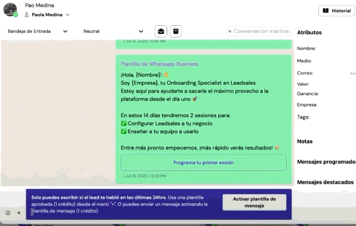 Selección de plantilla de mensaje WhatsApp API en chat desde Leadsales