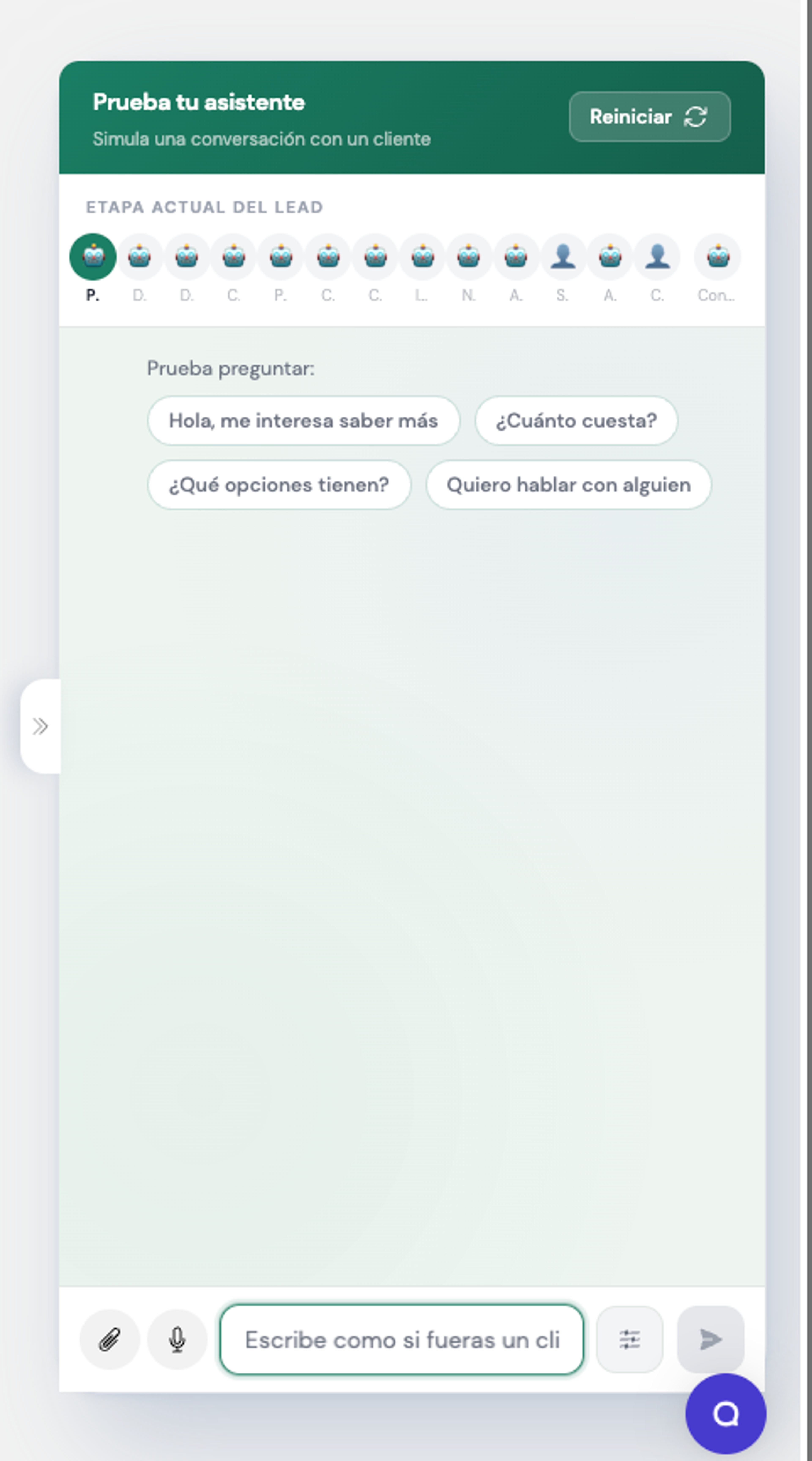 Sección de sandbox para probar Lead Agent