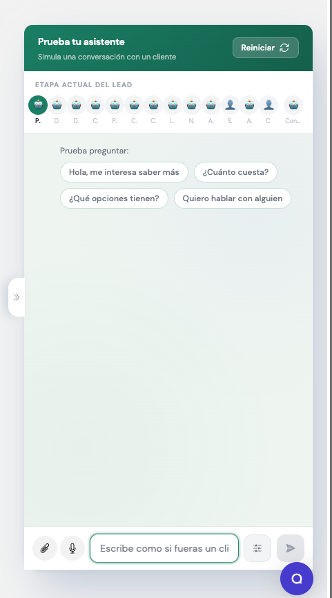 Sección de sandbox para probar Lead Agent