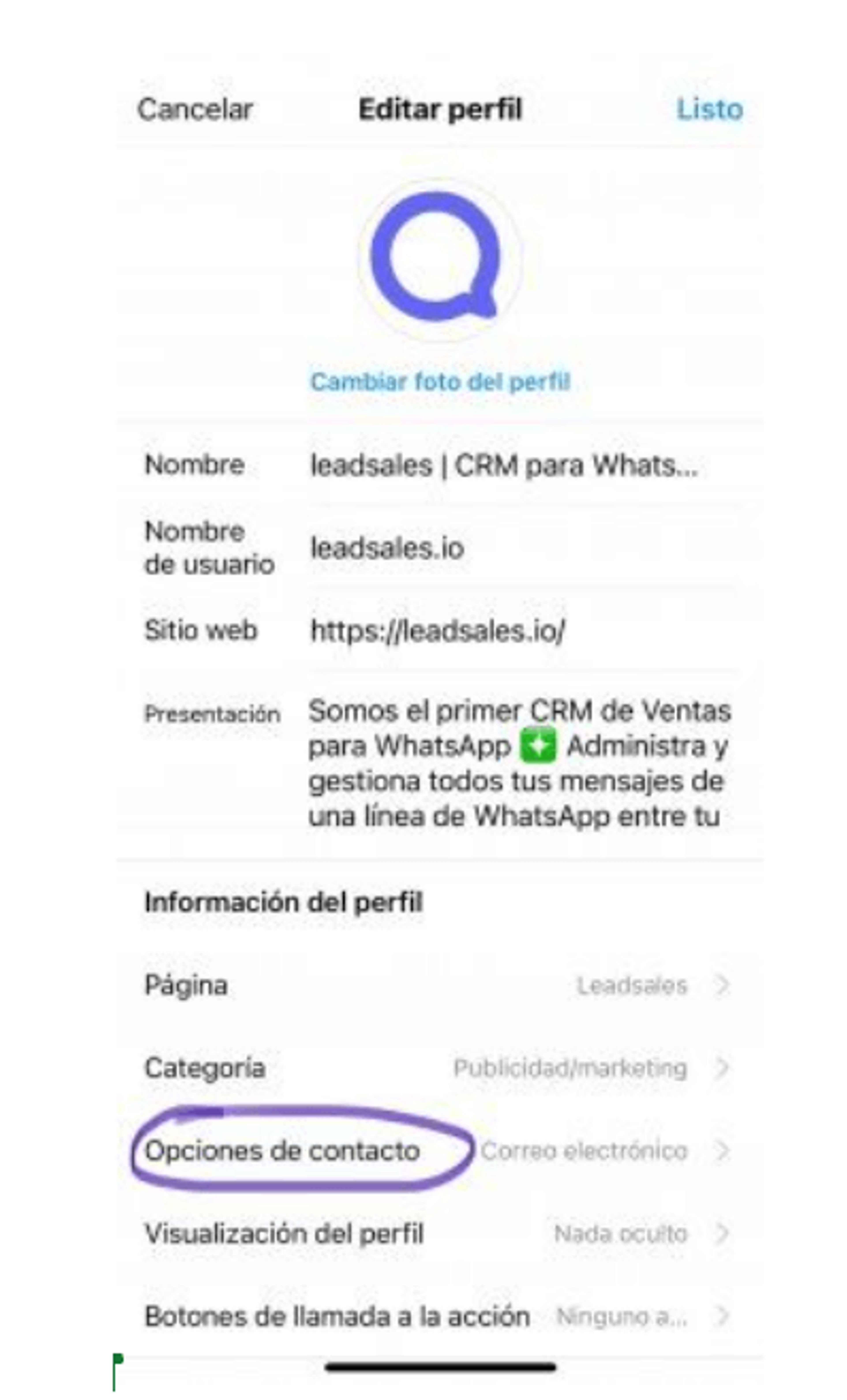 Pantalla configuración de opciones de contacto en Instagram