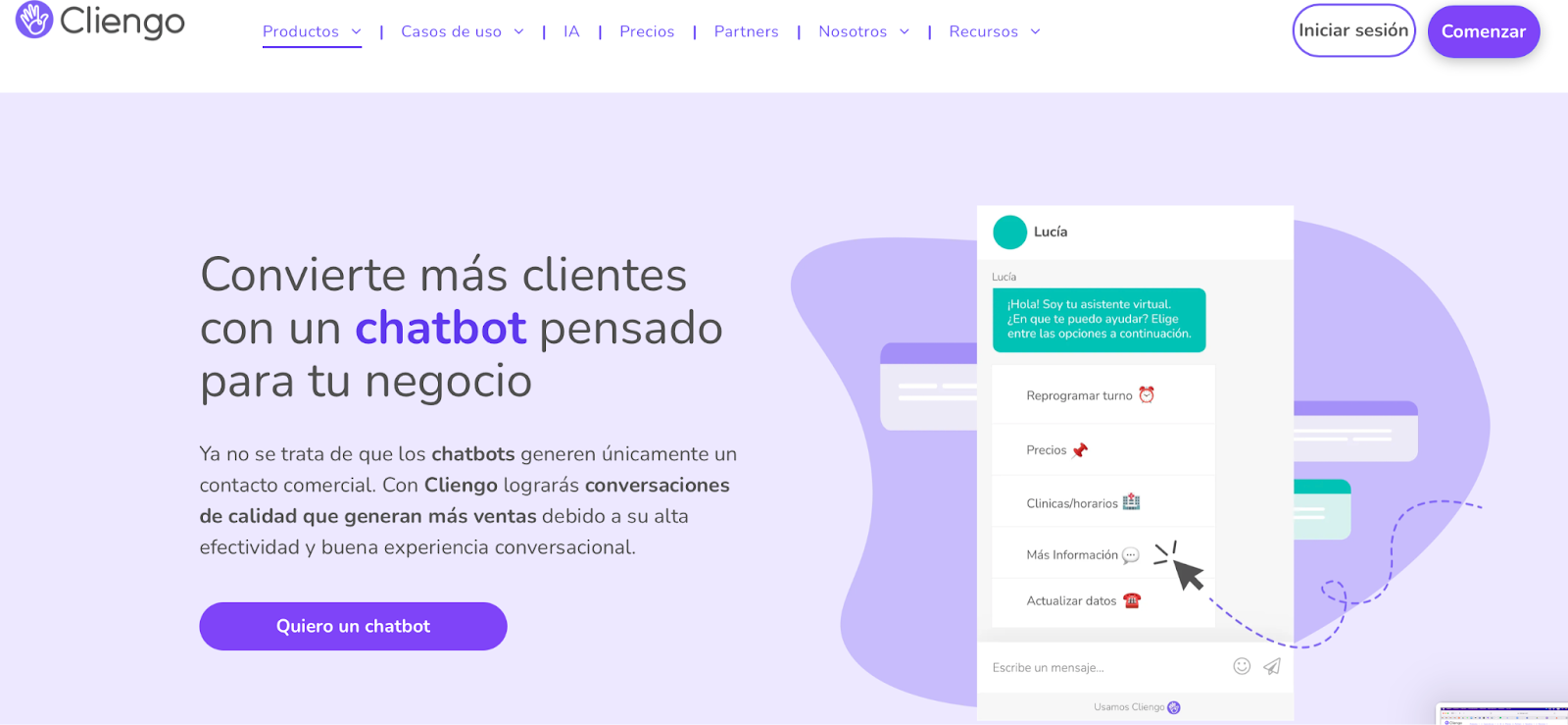 Captura de pantalla de la página de inicio de Cliengo, mostrando un chatbot con menú de opciones como reprogramar turno, precios y horarios