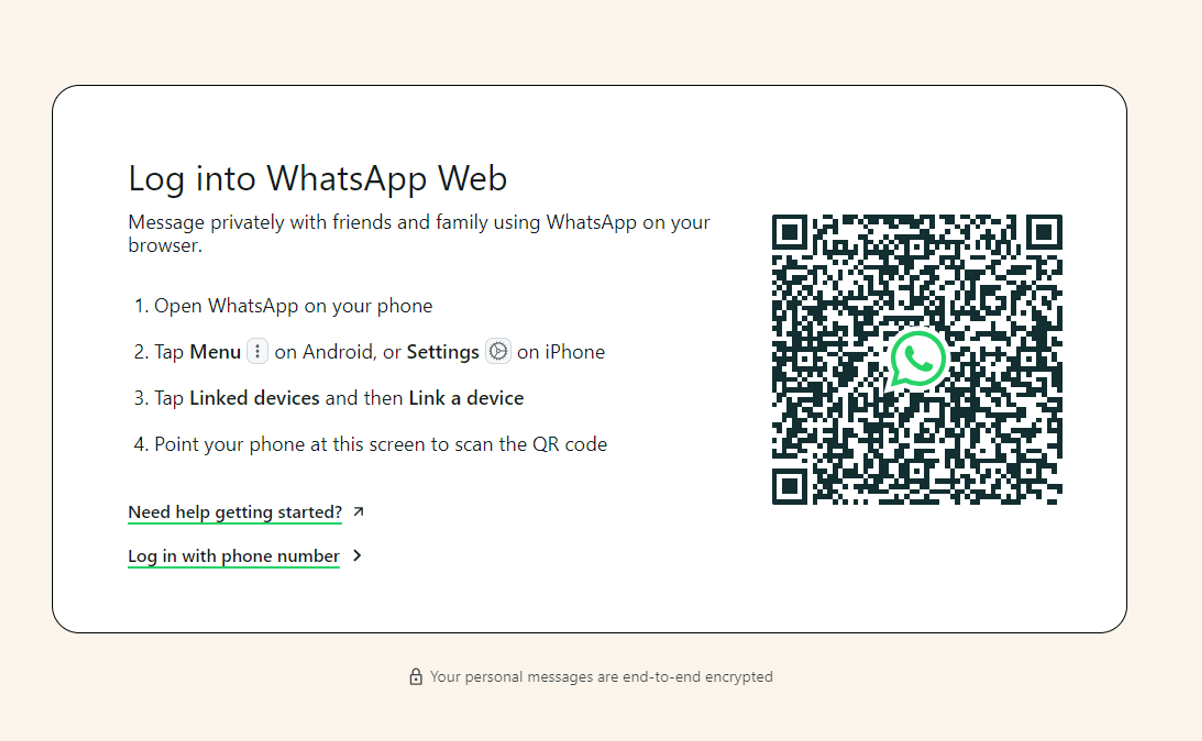 Pantalla de inicio de WhatsApp Web con código QR y pasos para vincular el teléfono antes de programar mensajes