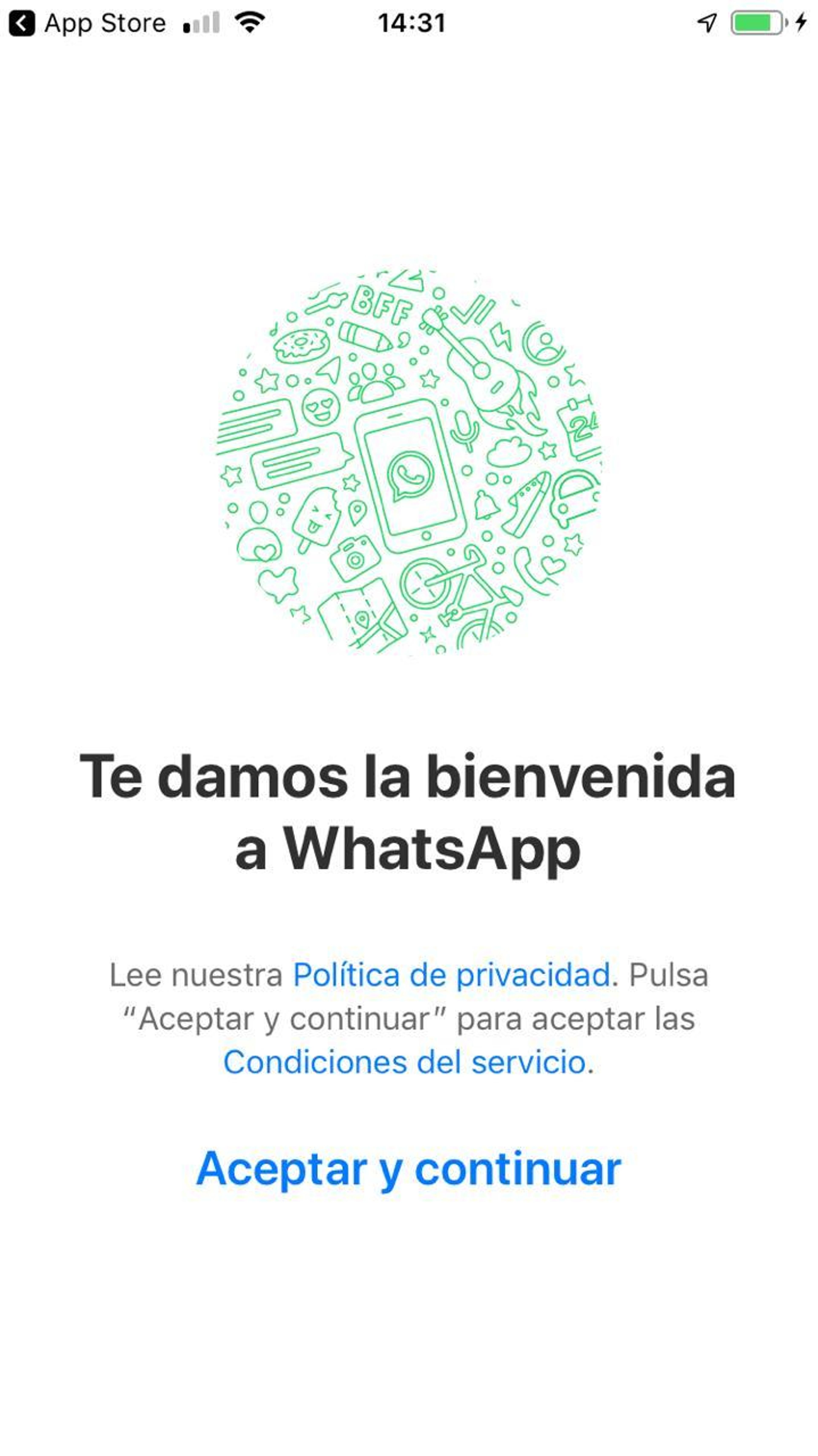 Pantalla de bienvenida de WhatsApp