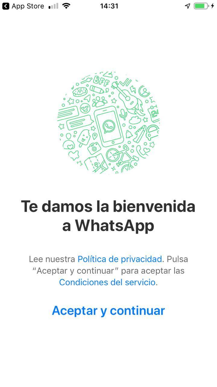 Pantalla de bienvenida de WhatsApp