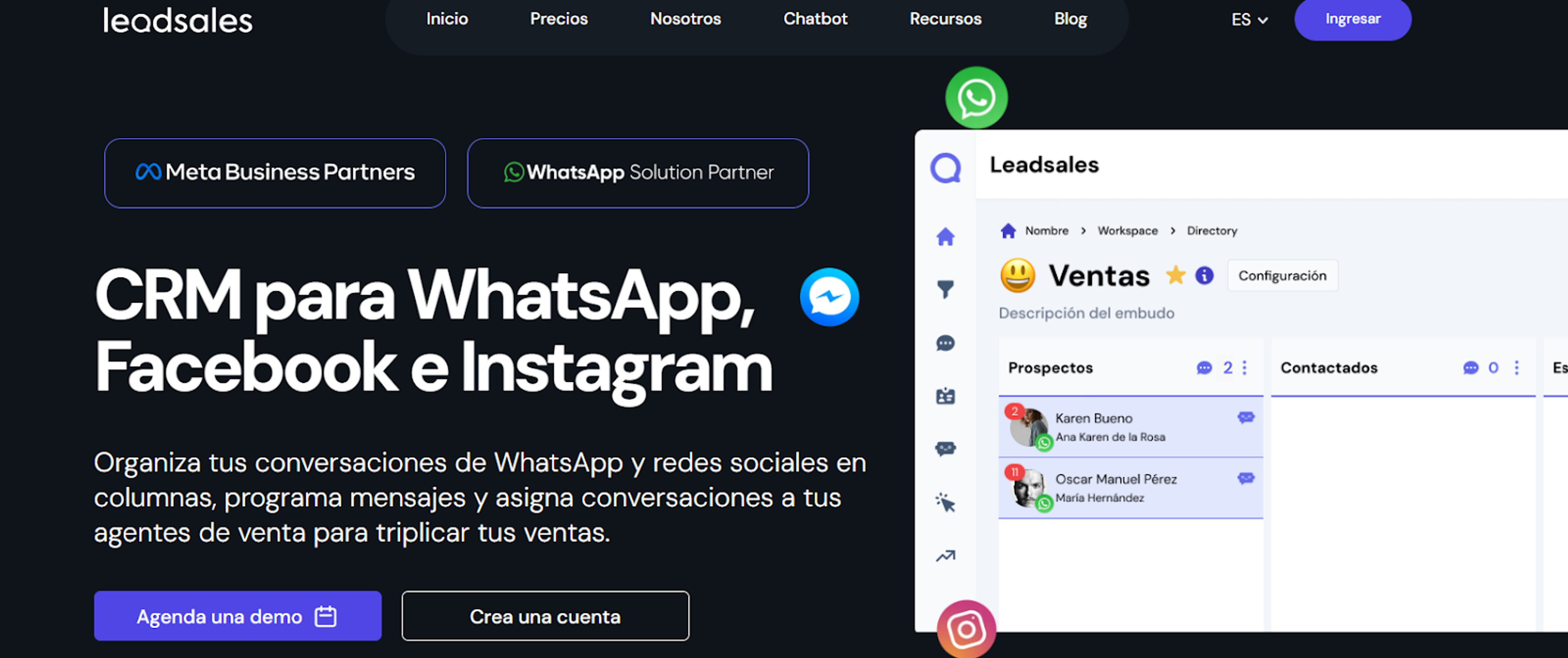Vista inicial de Leadsales mostrando organización de chats y embudos de ventas en una interfaz clara y visual