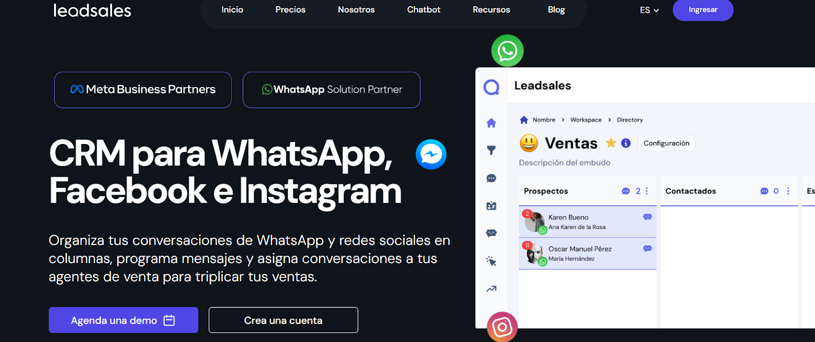 Vista inicial de Leadsales mostrando organización de chats y embudos de ventas en una interfaz clara y visual