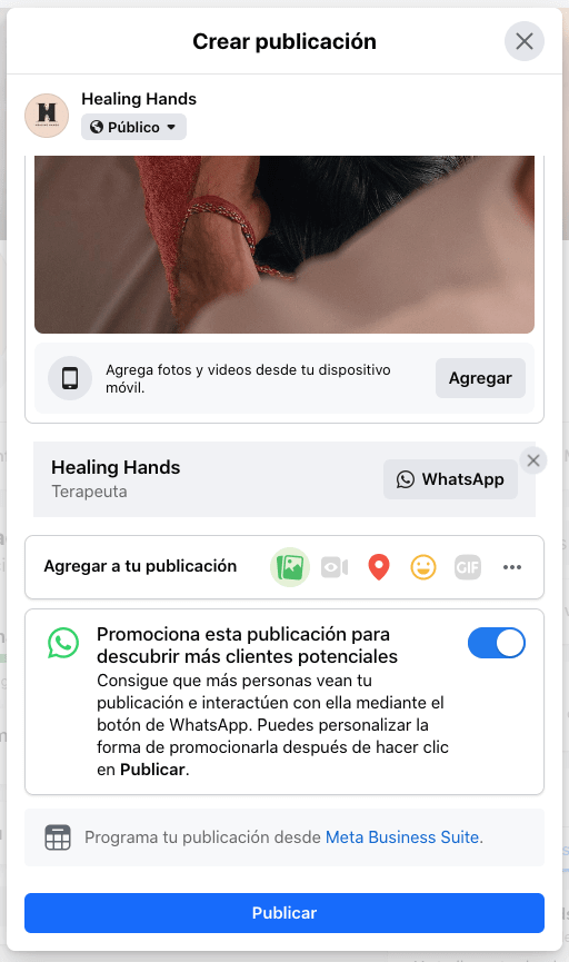 Pantalla para agregar link de WhatsApp en publicación de Facebook con opción de Facebook