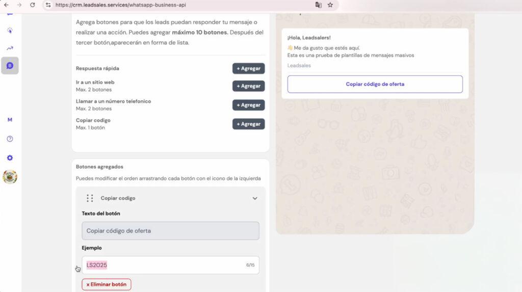Configuración de un botón para copiar un código en una plantilla de WhatsApp API en Leadsales