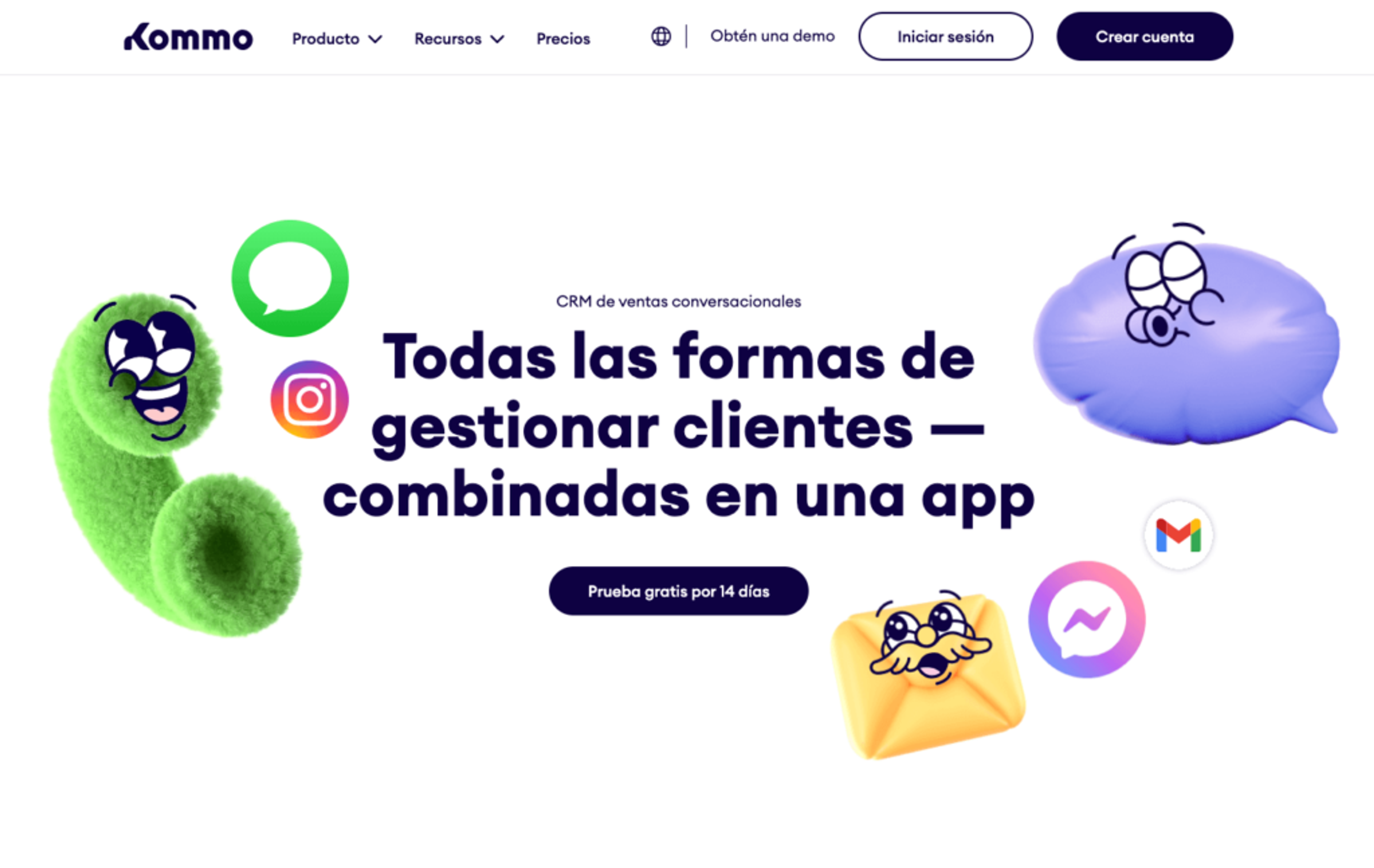 Página de inicio de Kommo con el mensaje